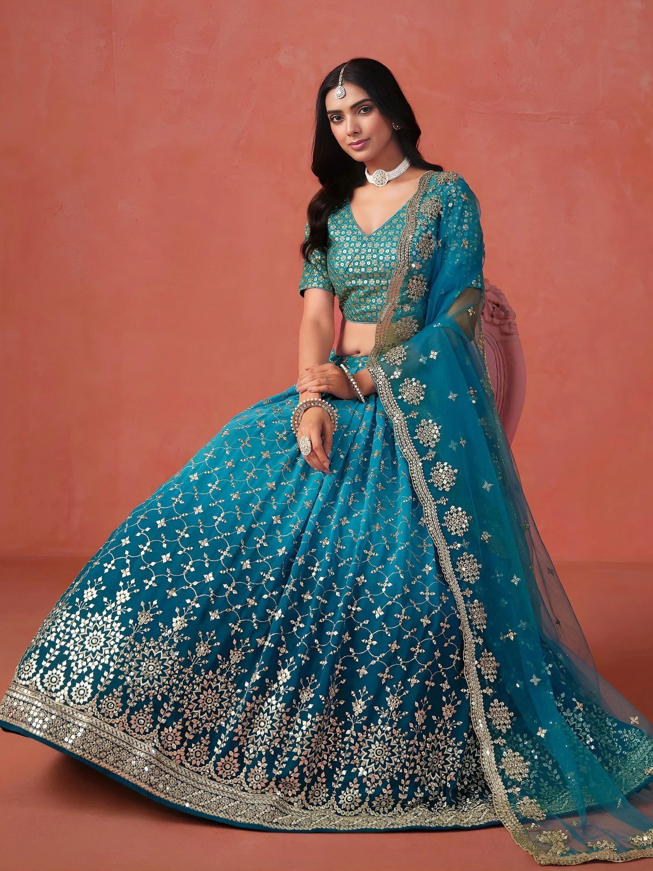 Embroidered georgette lehenga choli with sequins work for wedding and festive occasions