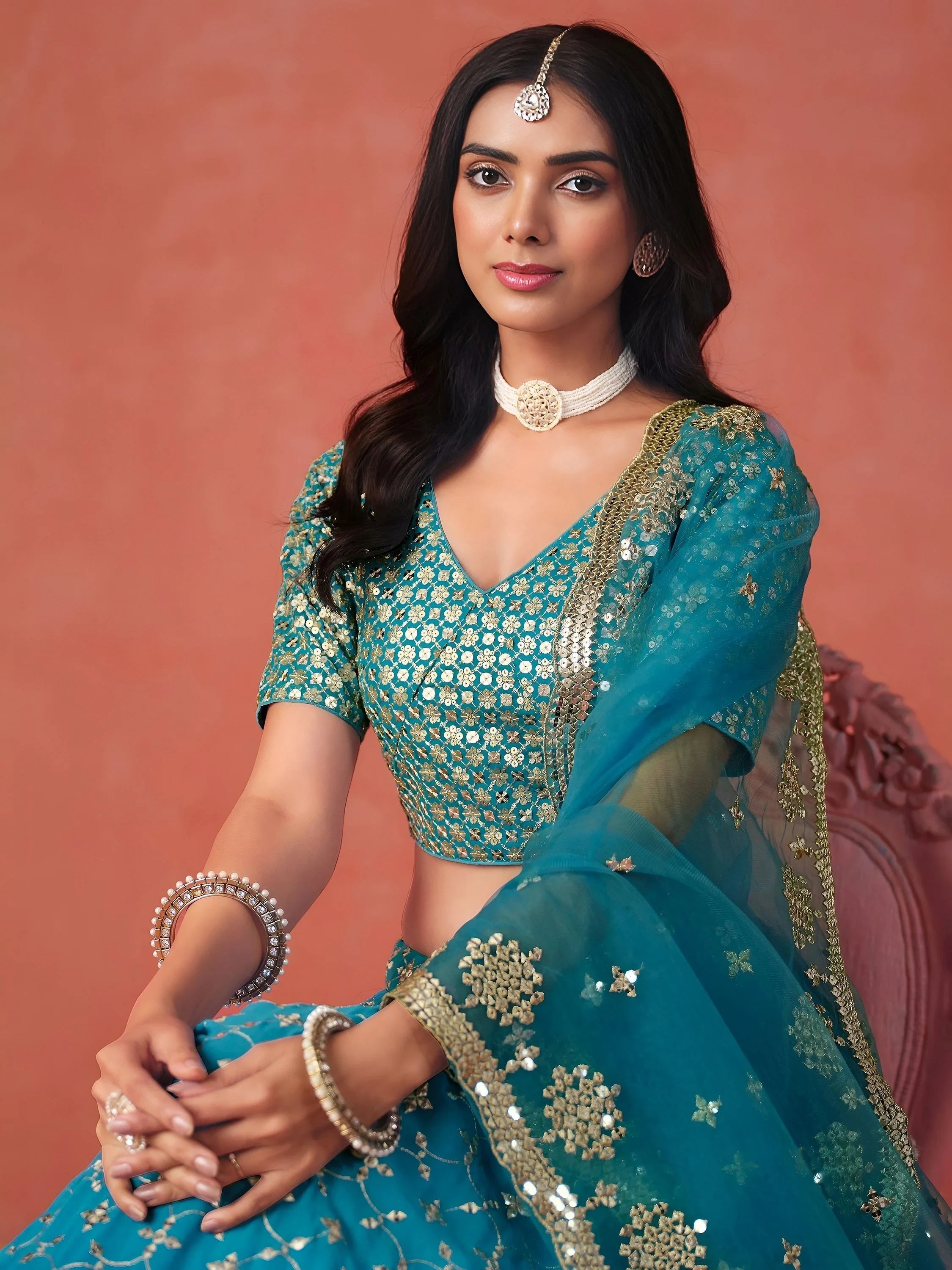 Embroidered georgette lehenga choli with sequins work for wedding and festive occasions