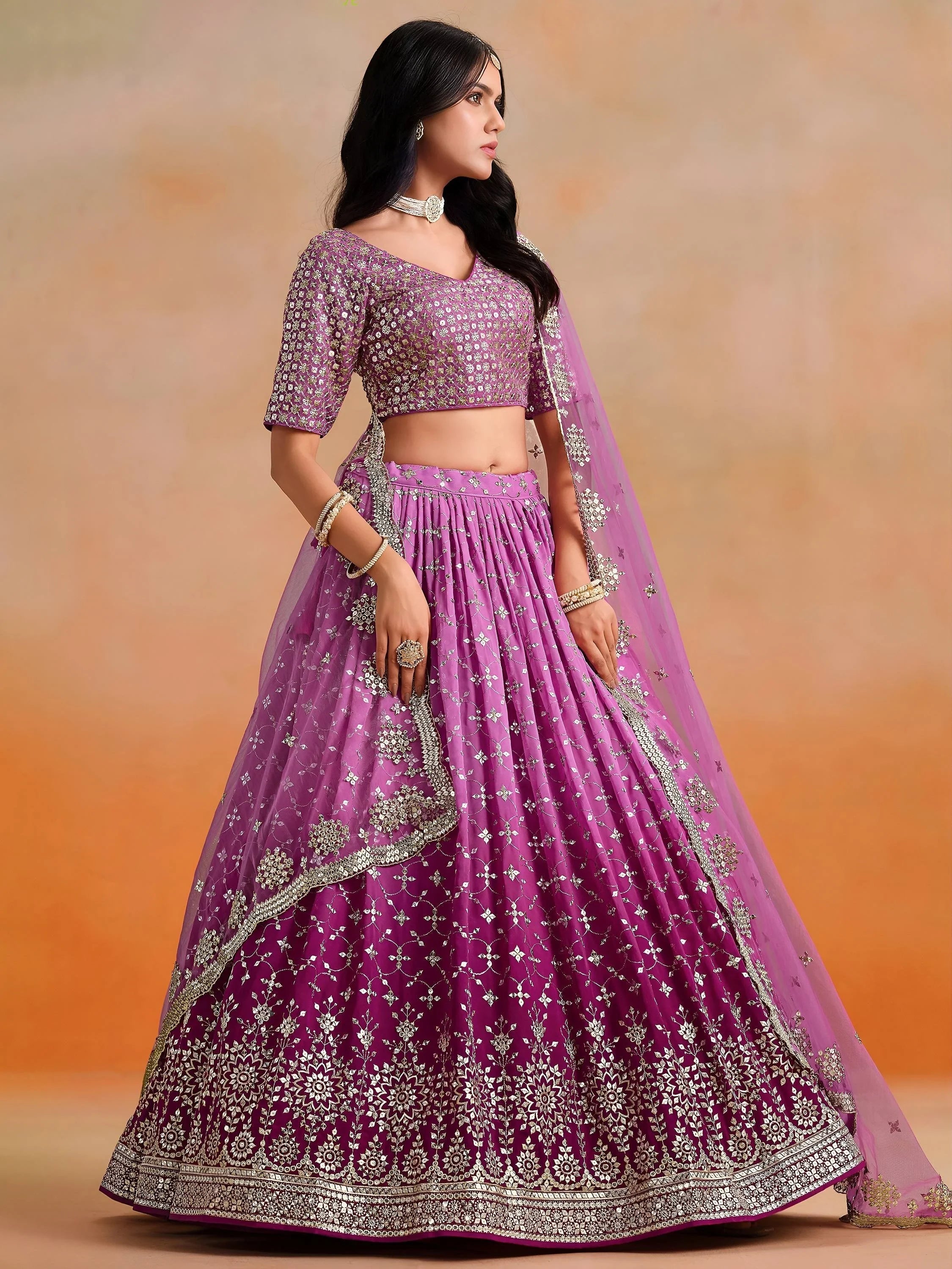 Embroidered georgette lehenga choli with sequins work for wedding and festive occasions