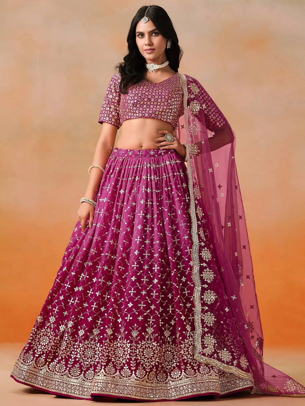 Embroidered georgette lehenga choli with sequins work for wedding and festive occasions