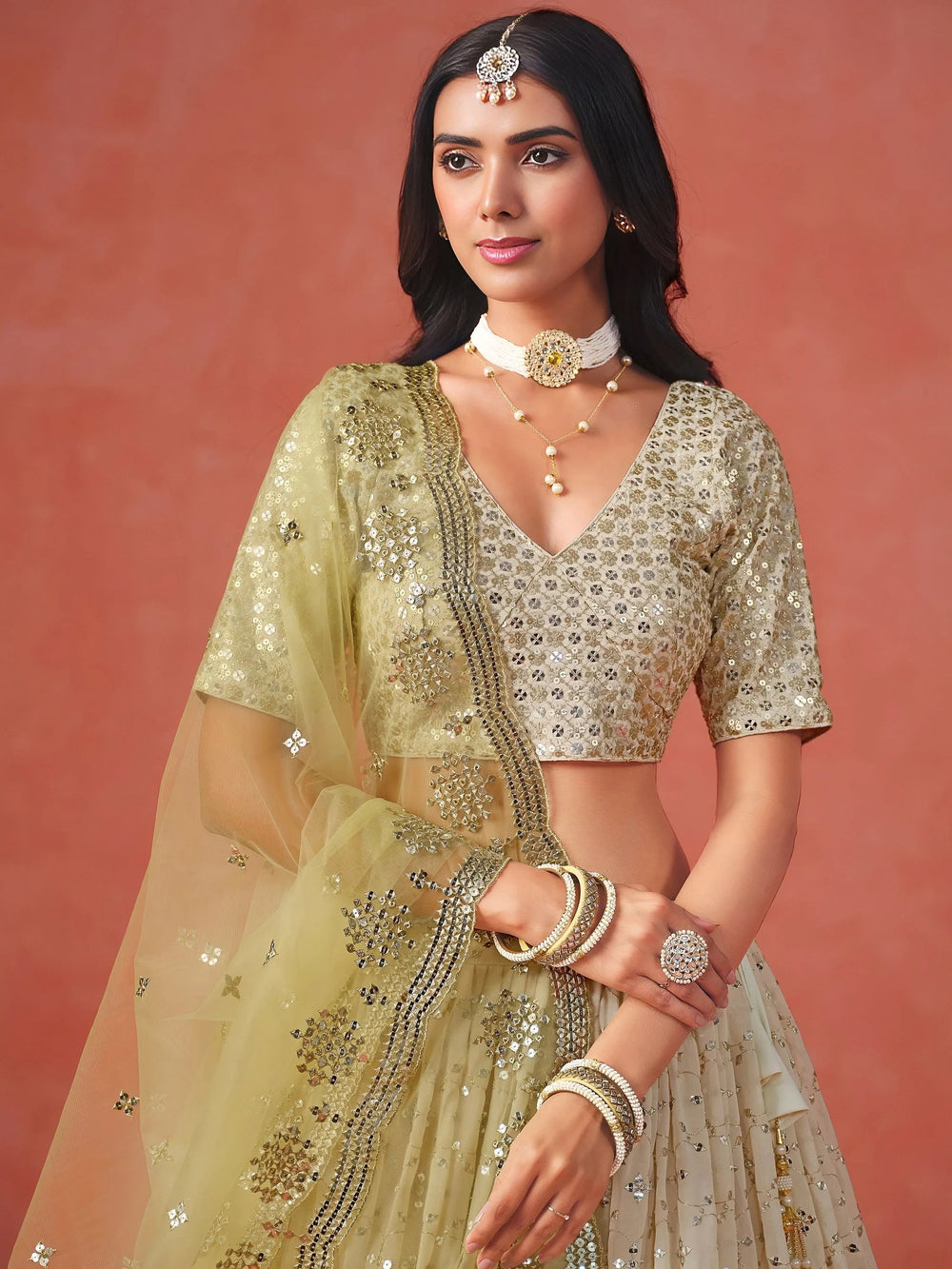 Embroidered georgette lehenga choli with sequins work for wedding and festive occasions