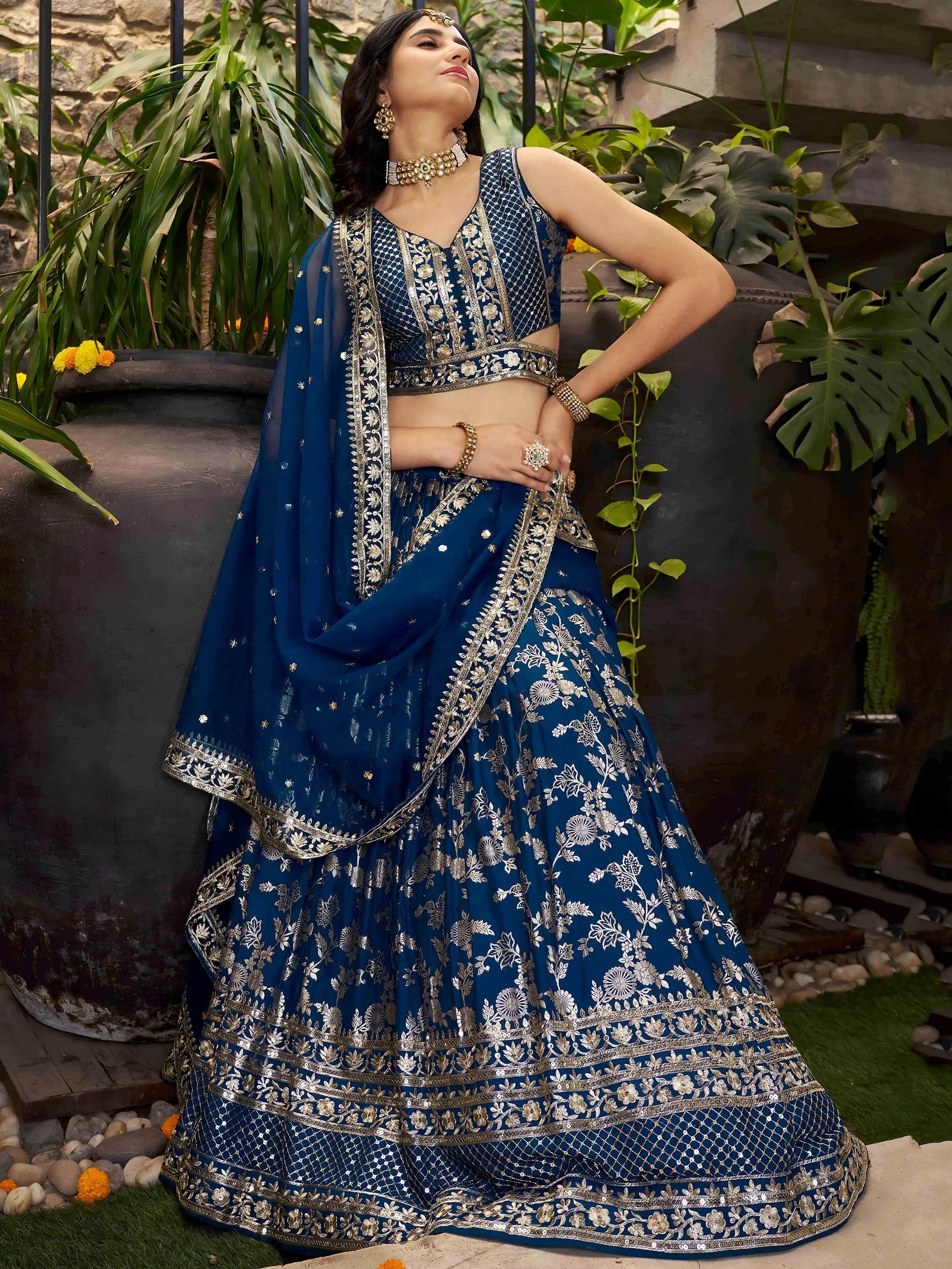 Silk lehenga choli with zari embroidery and sequins work for wedding and party occasions
