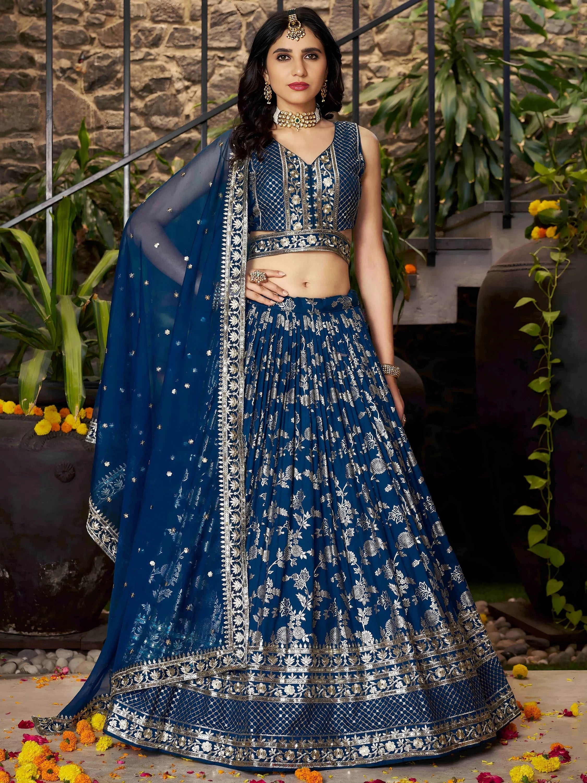 Silk lehenga choli with zari embroidery and sequins work for wedding and party occasions