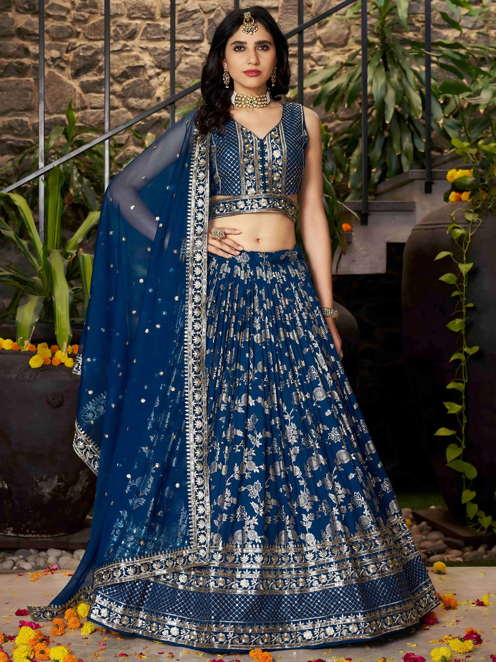 Silk lehenga choli with zari embroidery and sequins work for wedding and party occasions