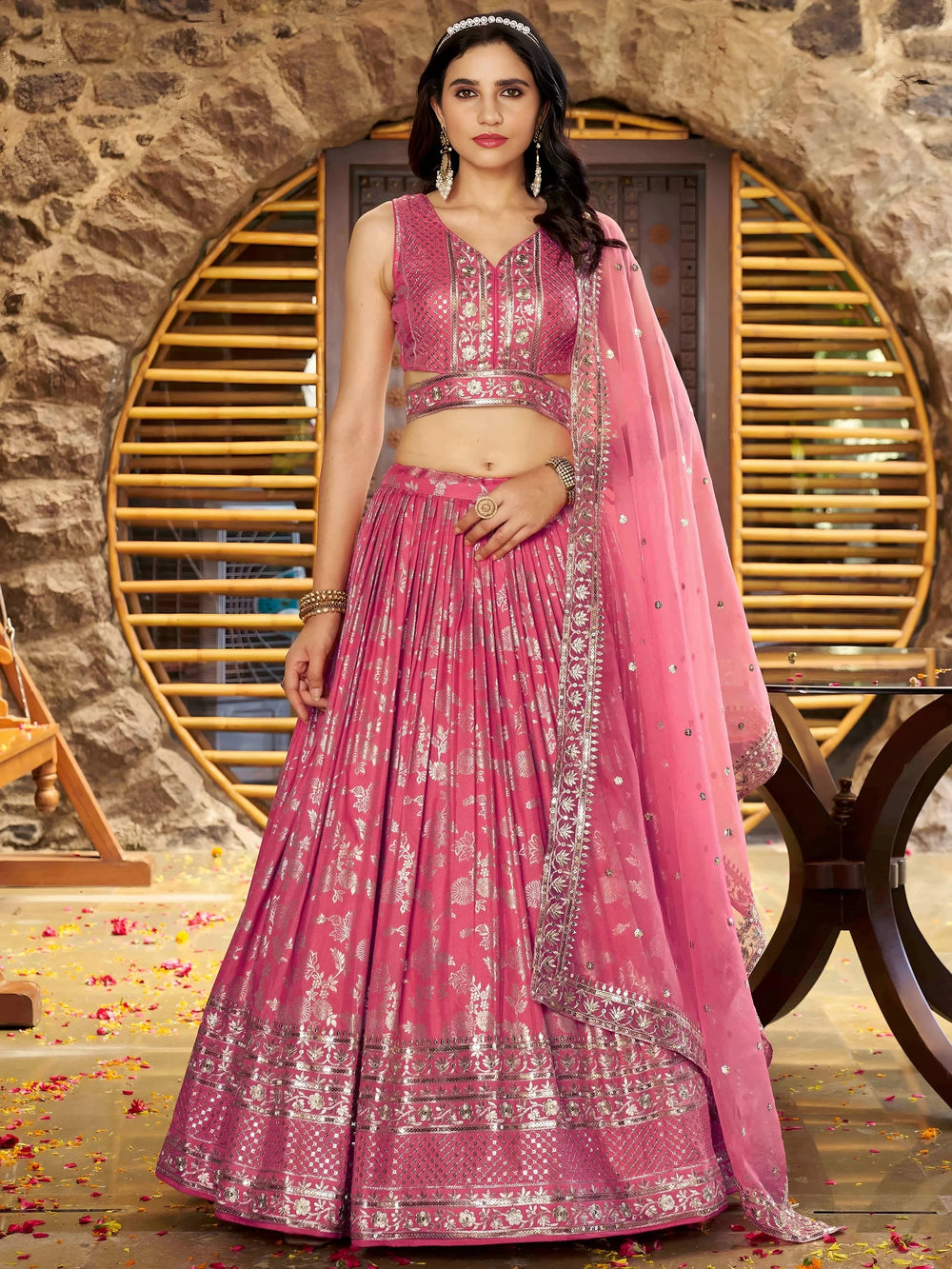 Silk lehenga choli with zari embroidery and sequins work for wedding and party occasions