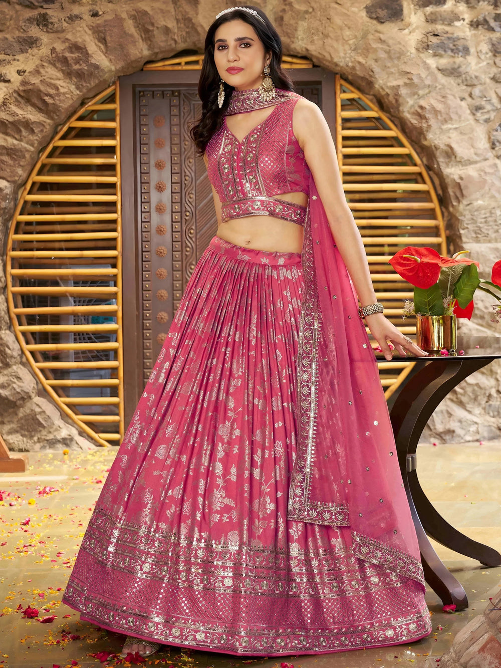 Silk lehenga choli with zari embroidery and sequins work for wedding and party occasions