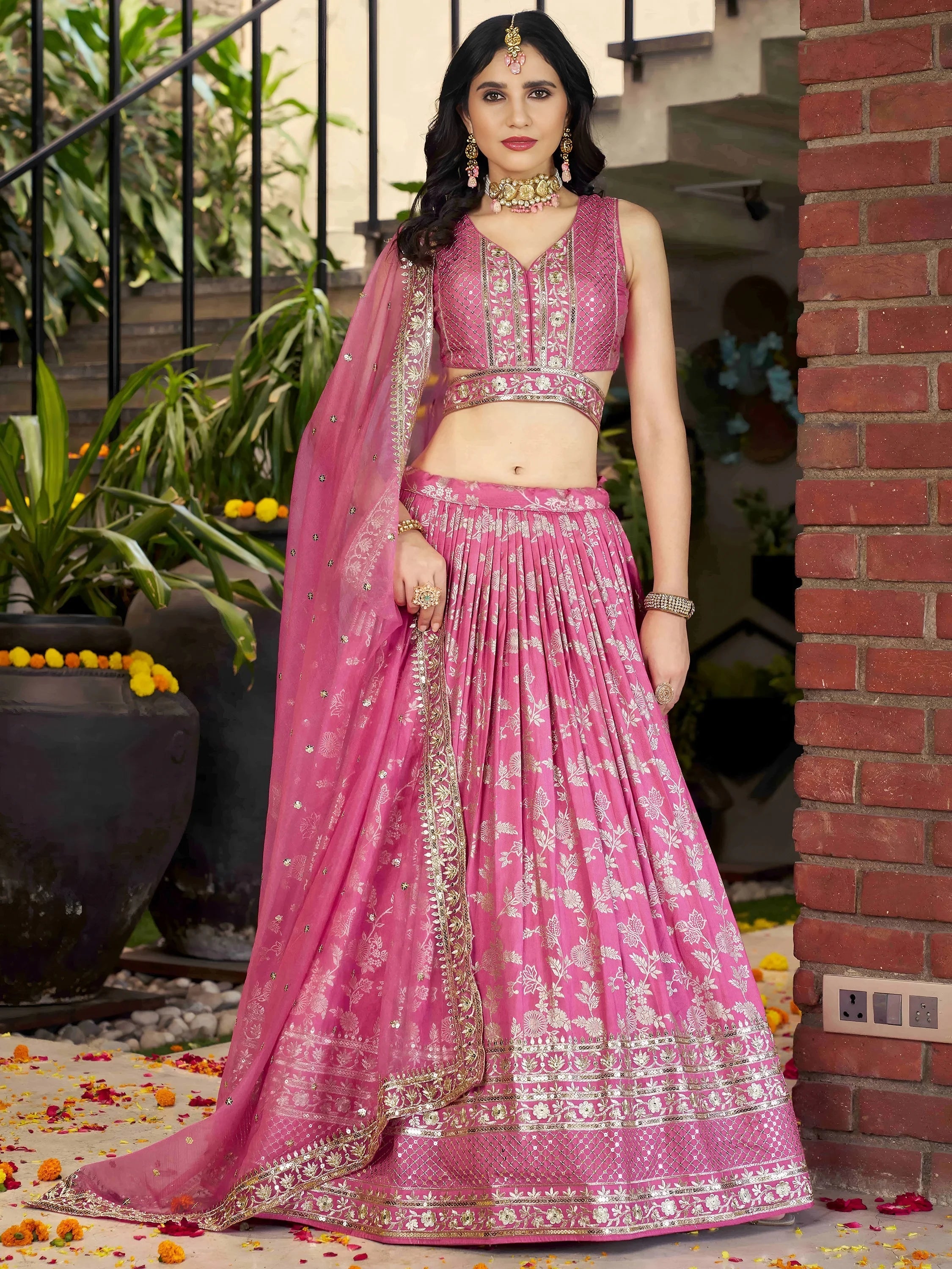 Silk lehenga choli with zari embroidery and sequins work for wedding and party occasions