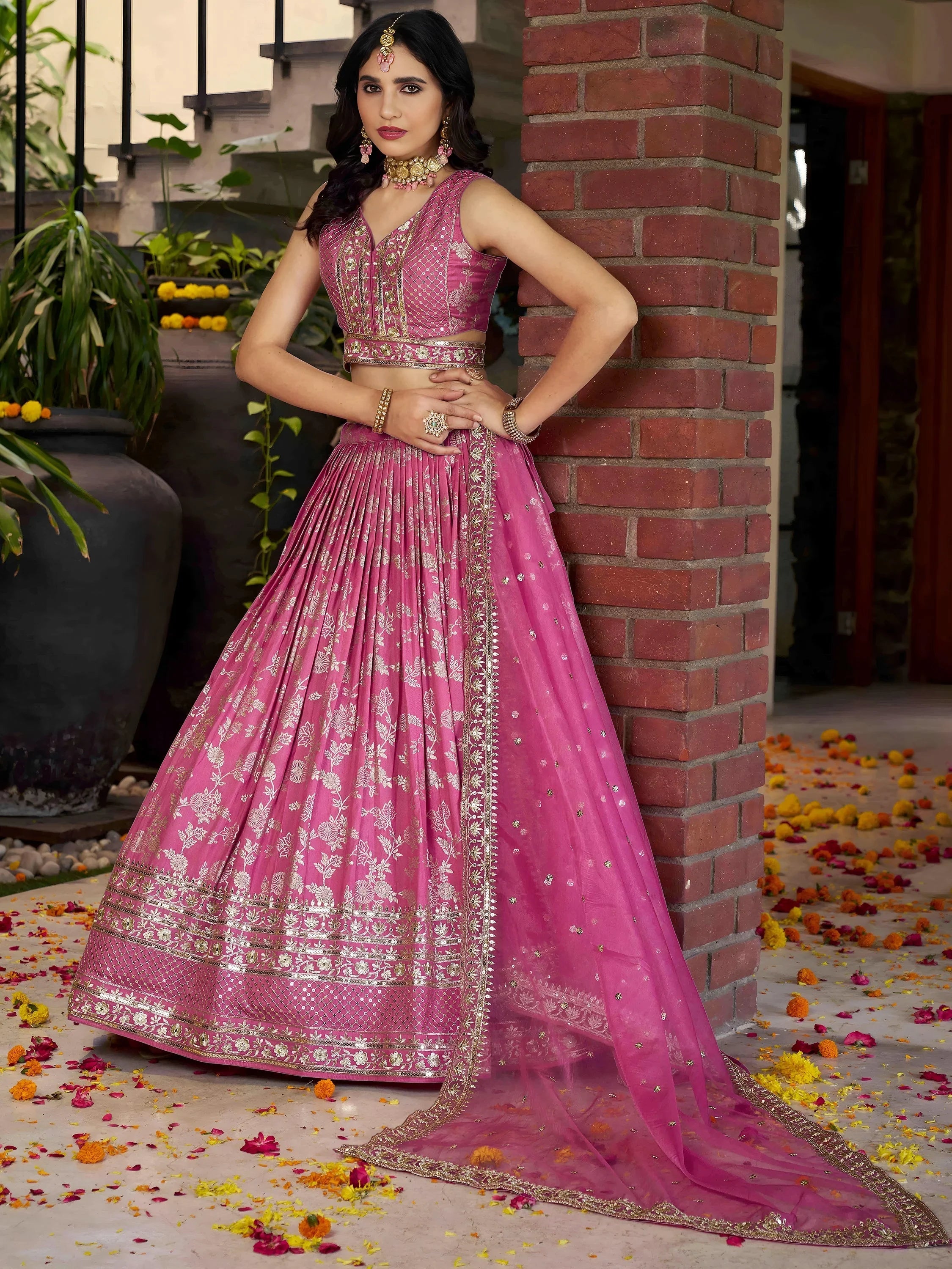 Silk lehenga choli with zari embroidery and sequins work for wedding and party occasions