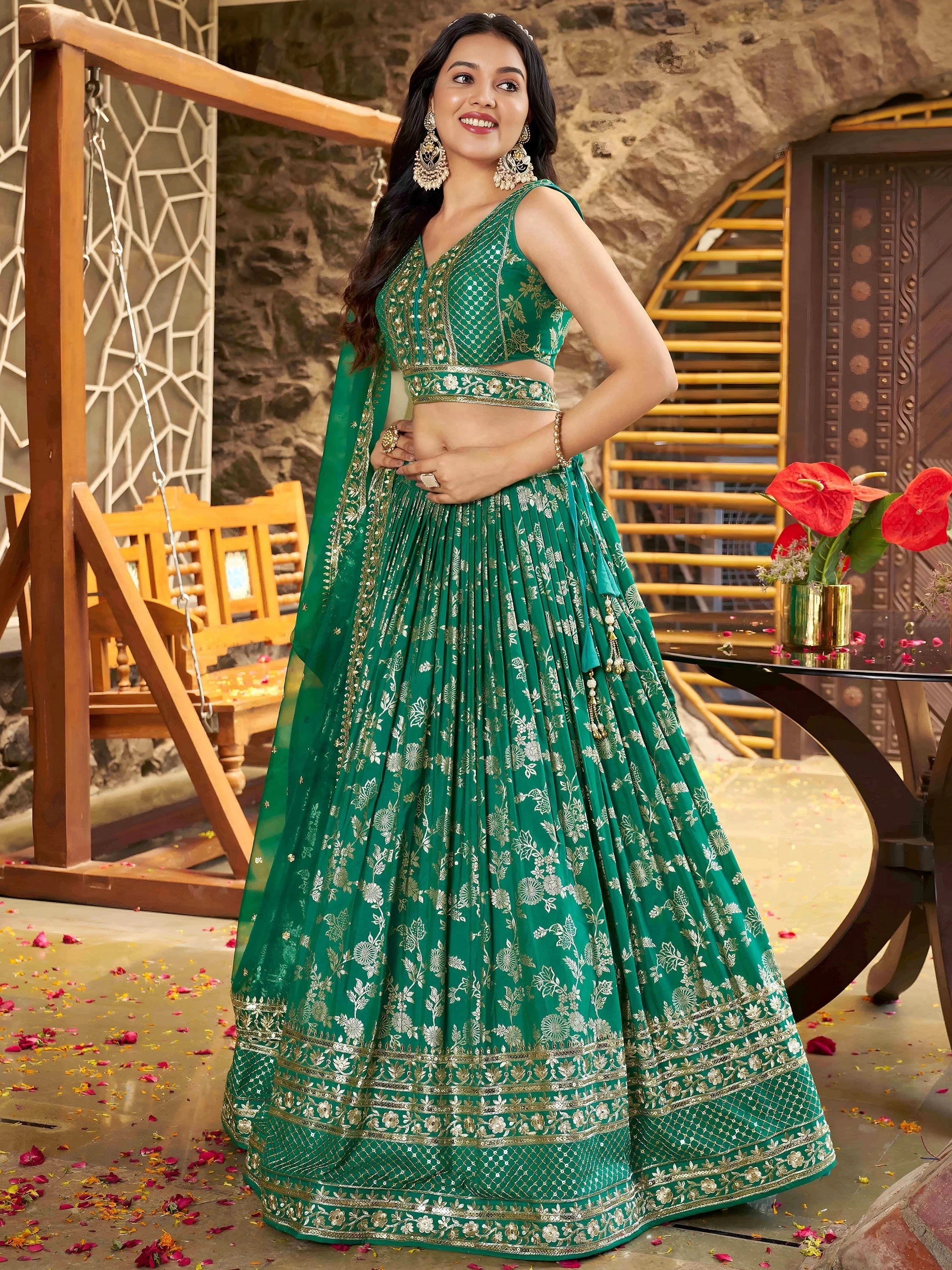 Silk lehenga choli with zari embroidery and sequins work for wedding and party occasions