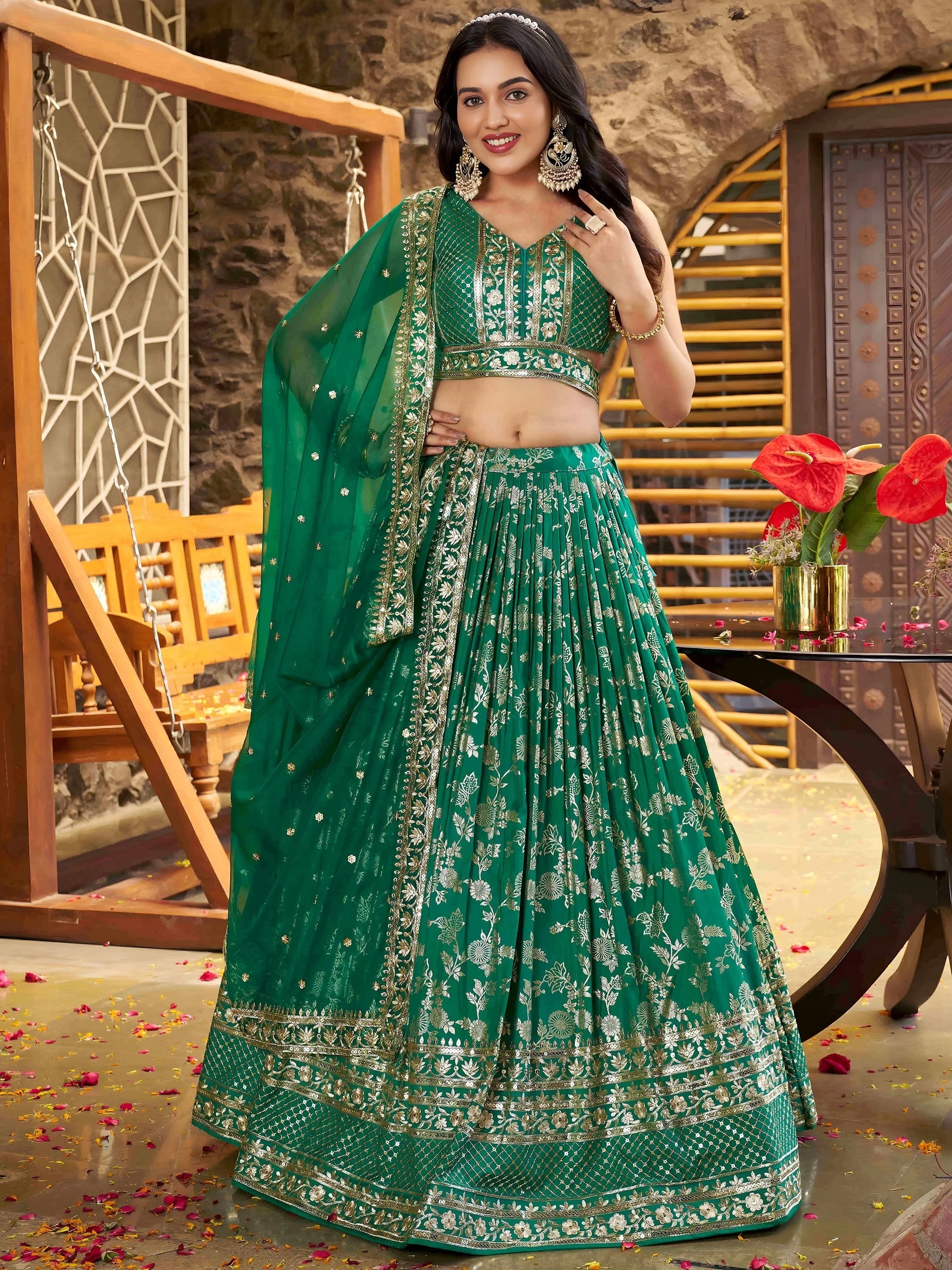 Silk lehenga choli with zari embroidery and sequins work for wedding and party occasions