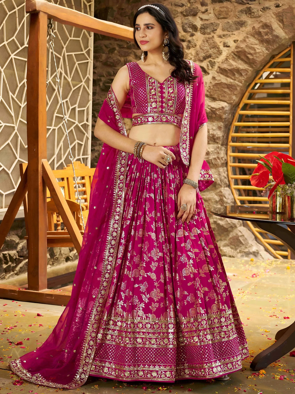 Silk lehenga choli with zari embroidery and sequins work for wedding and party occasions