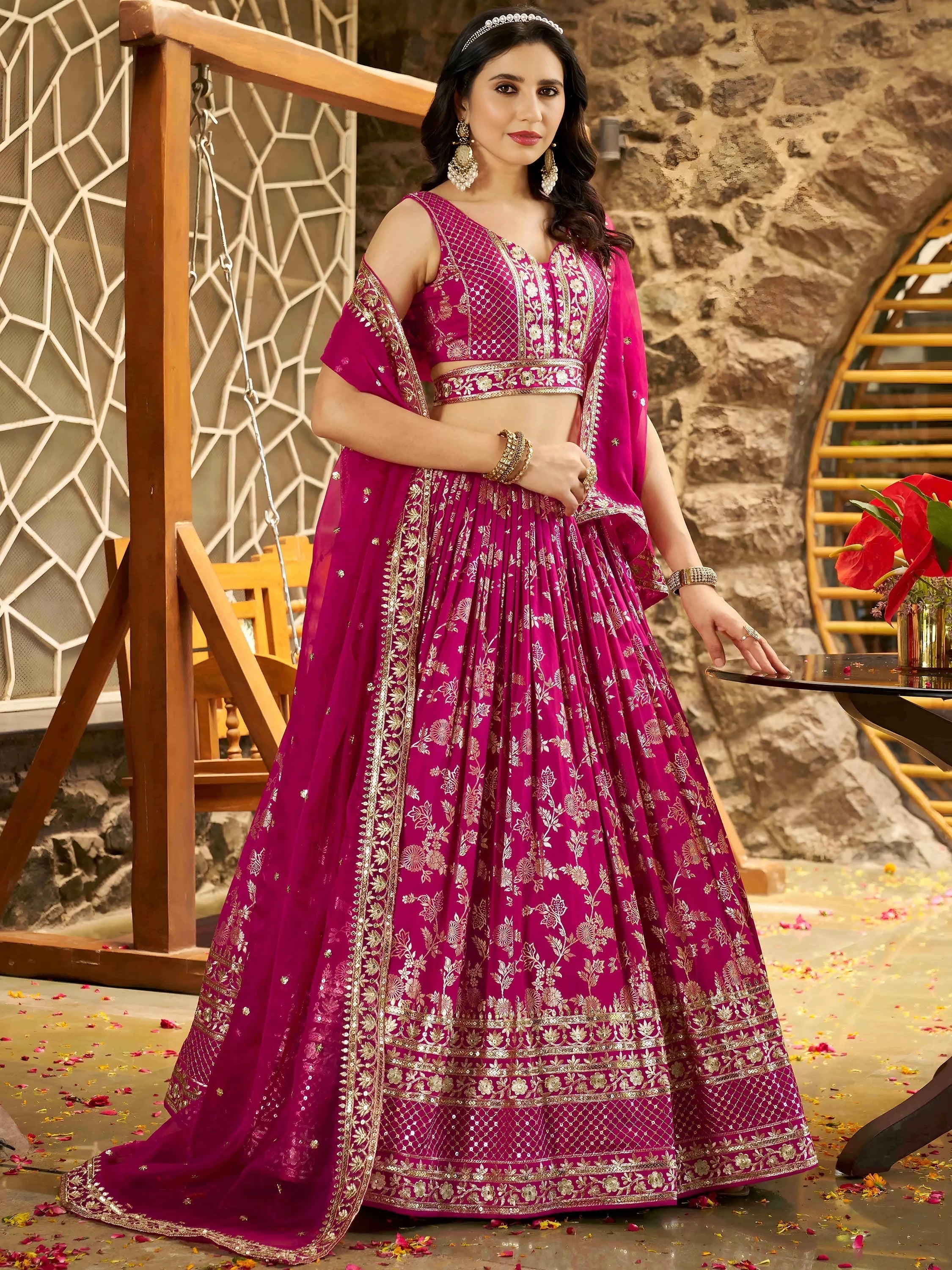 Silk lehenga choli with zari embroidery and sequins work for wedding and party occasions