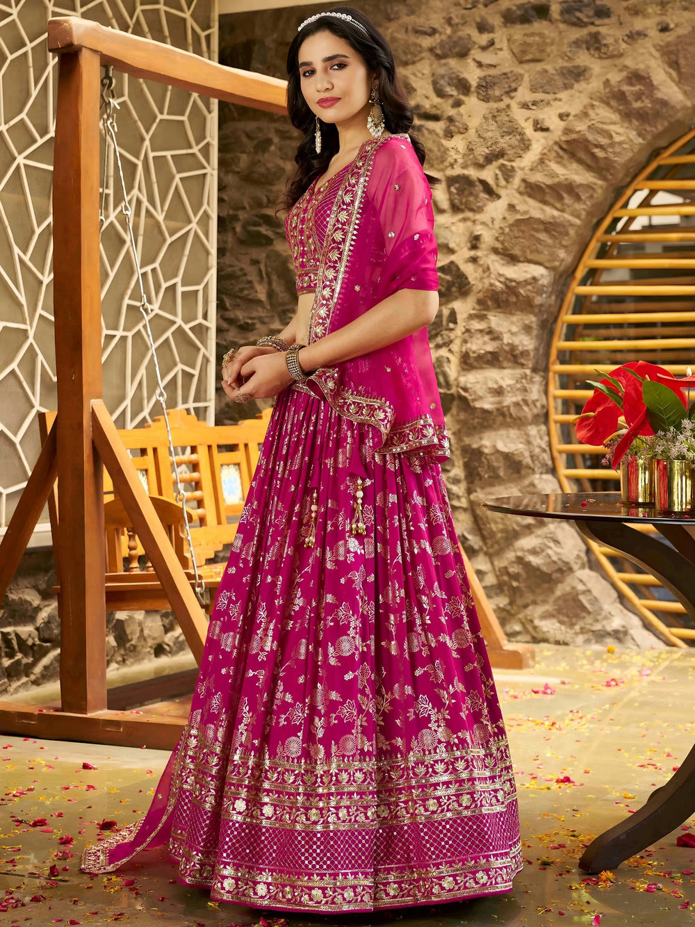 Silk lehenga choli with zari embroidery and sequins work for wedding and party occasions
