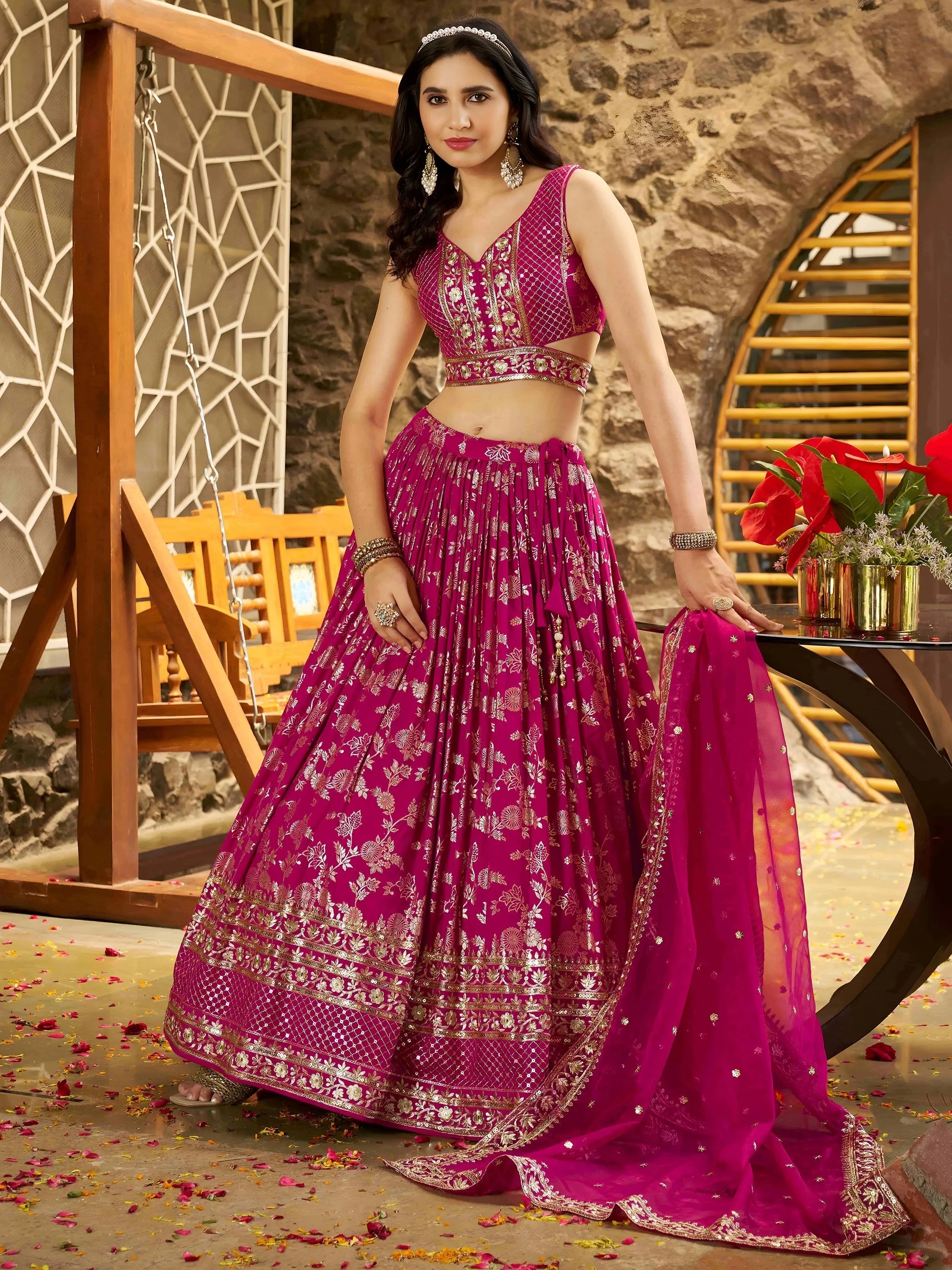 Silk lehenga choli with zari embroidery and sequins work for wedding and party occasions