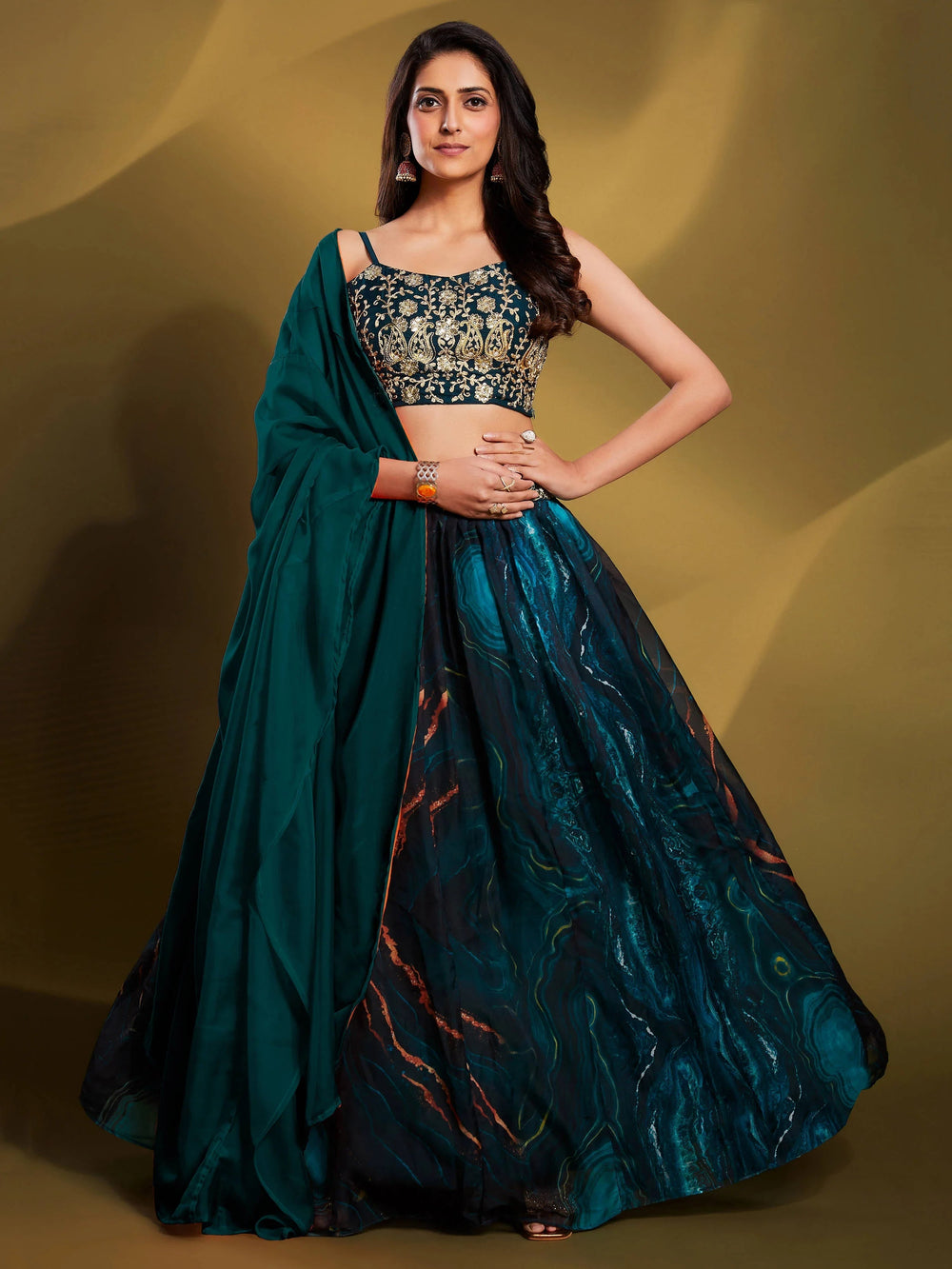 Teal-Colour Sequins Work Organza Reception Wear Lehenga Choli for Women