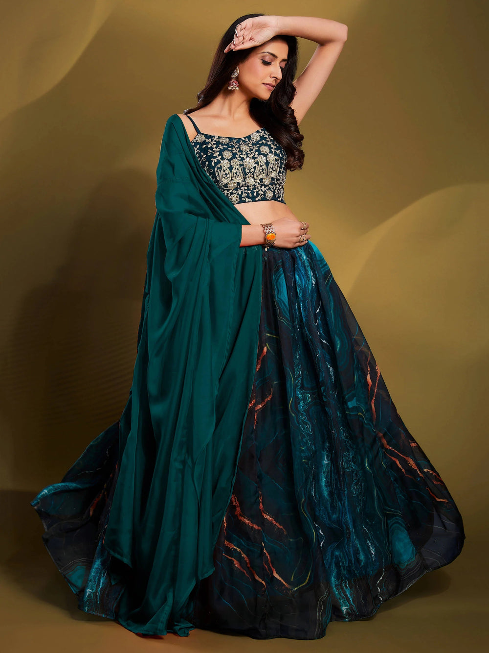 Teal-Colour Sequins Work Organza Reception Wear Lehenga Choli for Women