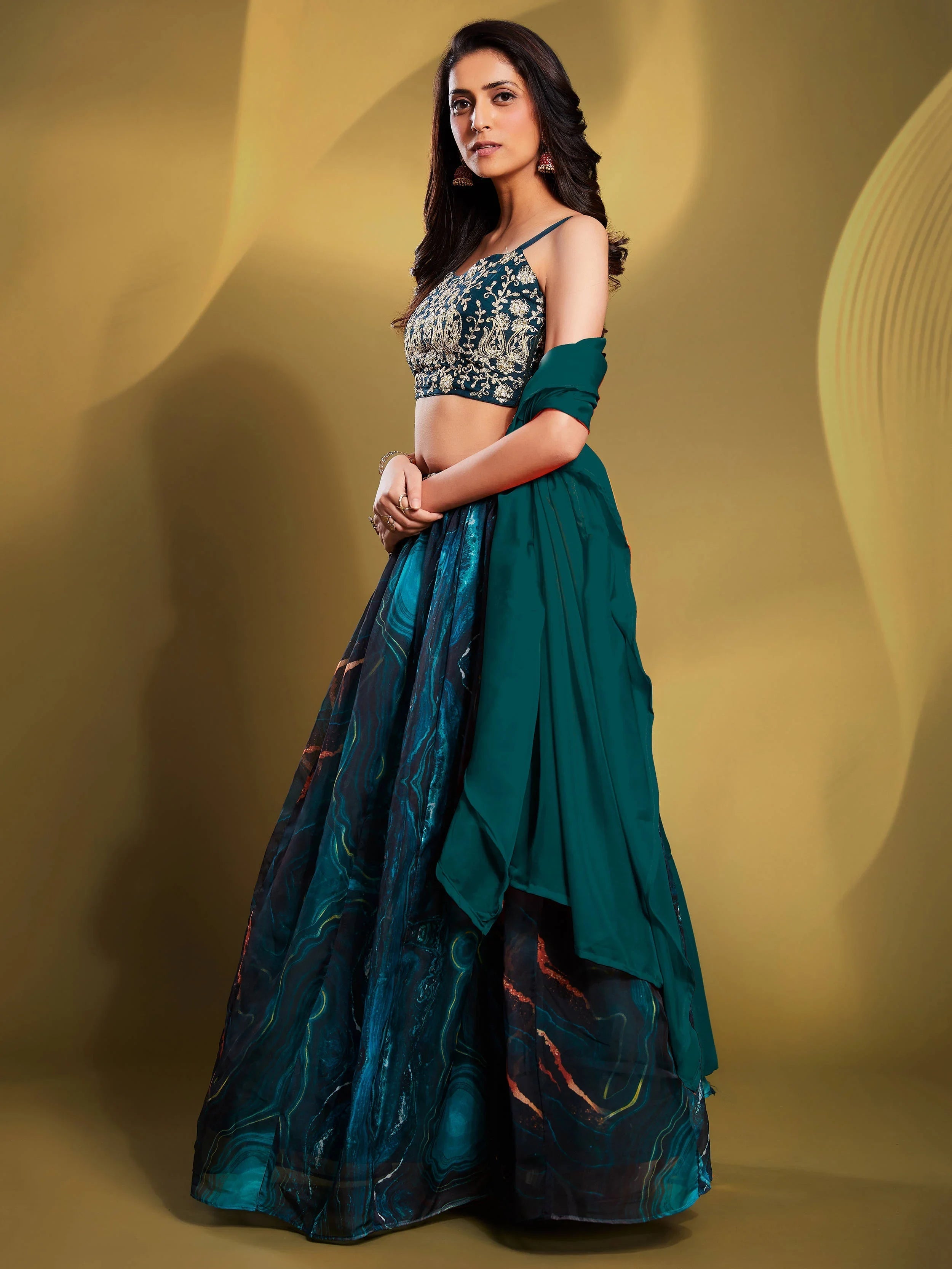 Teal-Colour Sequins Work Organza Reception Wear Lehenga Choli for Women