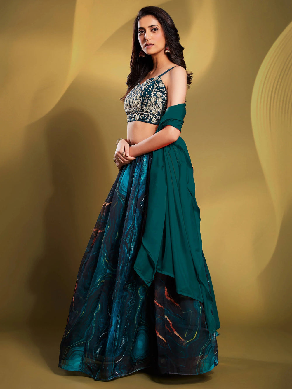 Teal-Colour Sequins Work Organza Reception Wear Lehenga Choli for Women