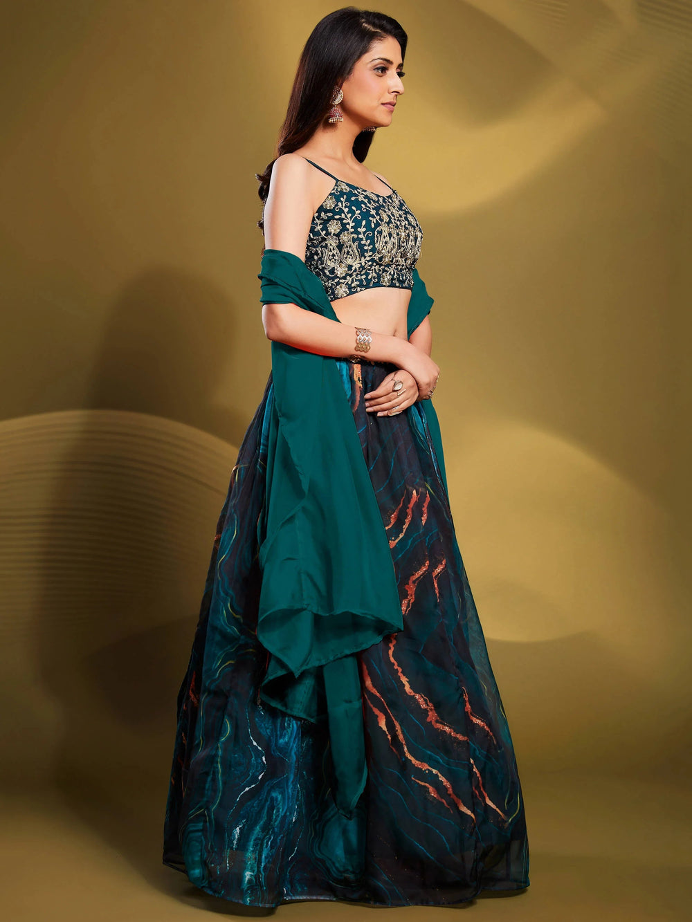 Teal-Colour Sequins Work Organza Reception Wear Lehenga Choli for Women