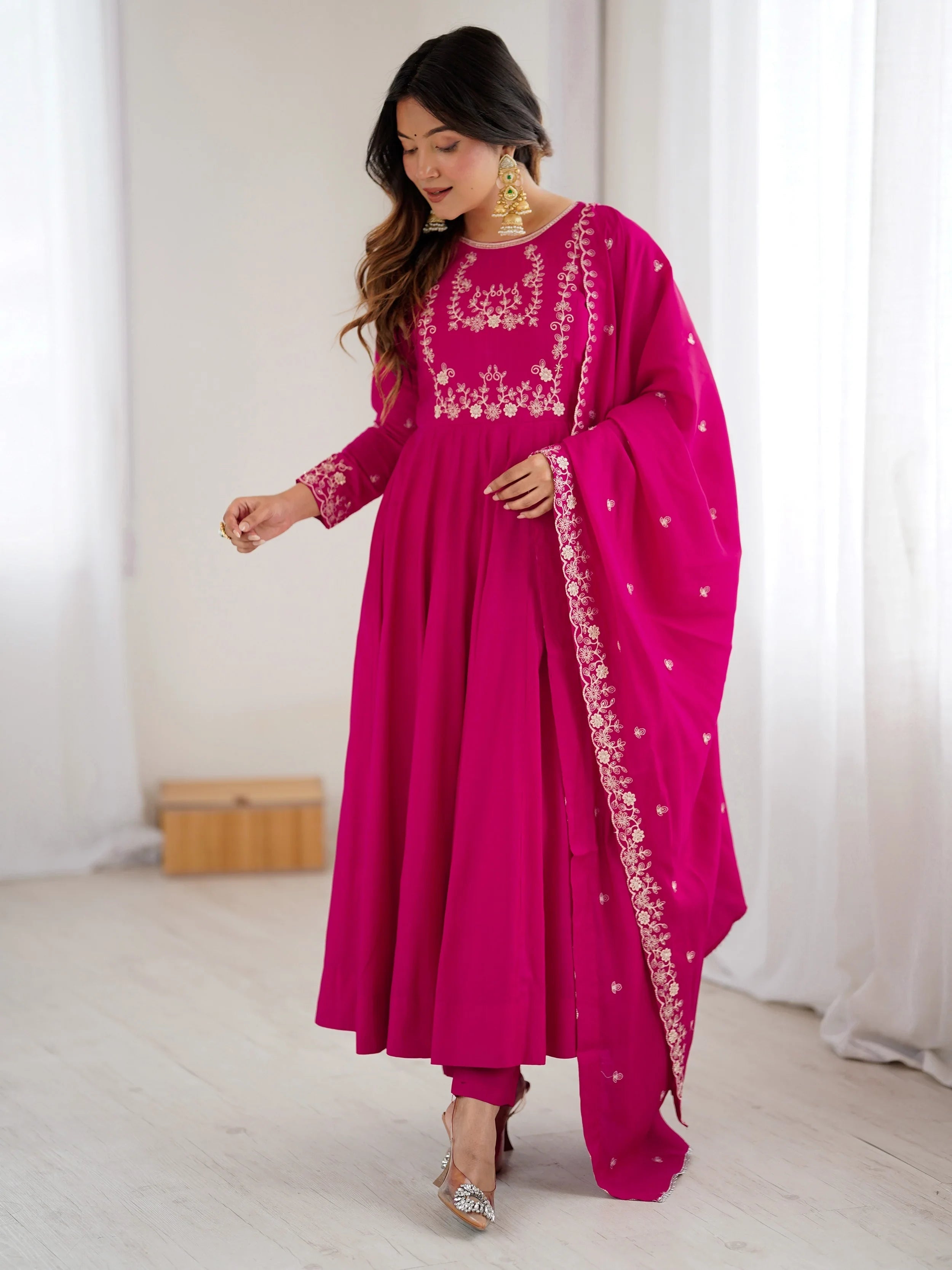 Glowing Pink Beads Work Chanderi Silk Festival Wear Anarkali Suit for Women