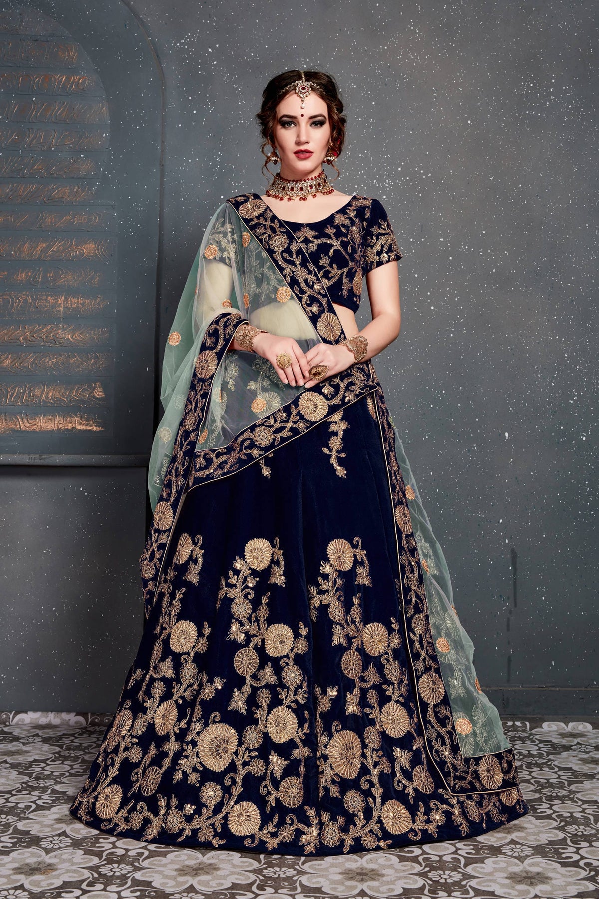 Navy Blue Embroidered Velvet Bridal Lehenga Choli with Dupatta