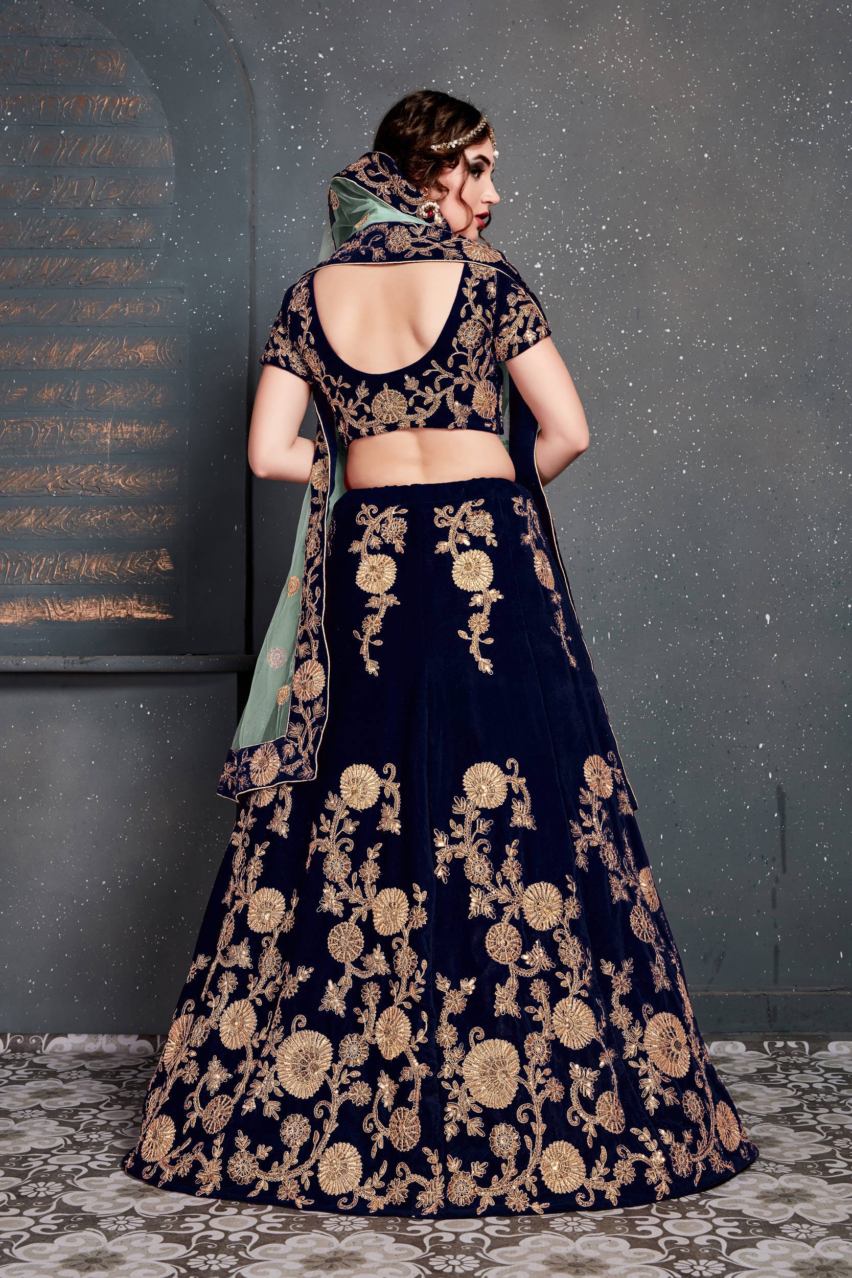 Navy Blue Embroidered Velvet Bridal Lehenga Choli with Dupatta