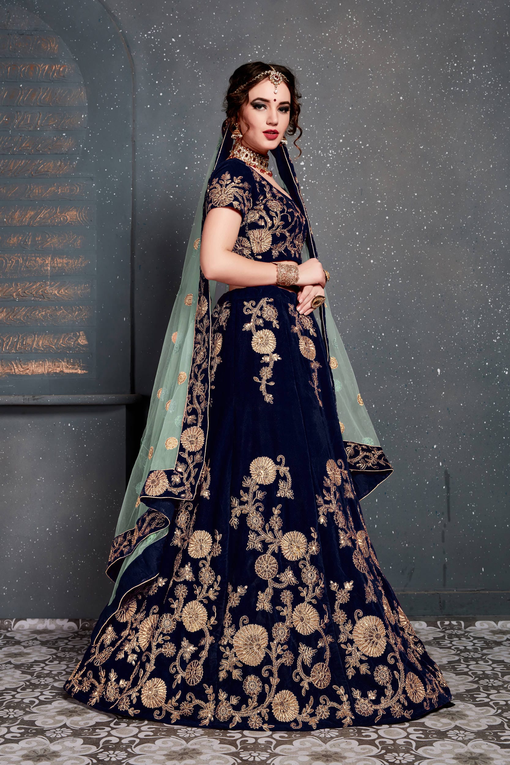 Navy Blue Embroidered Velvet Bridal Lehenga Choli with Dupatta