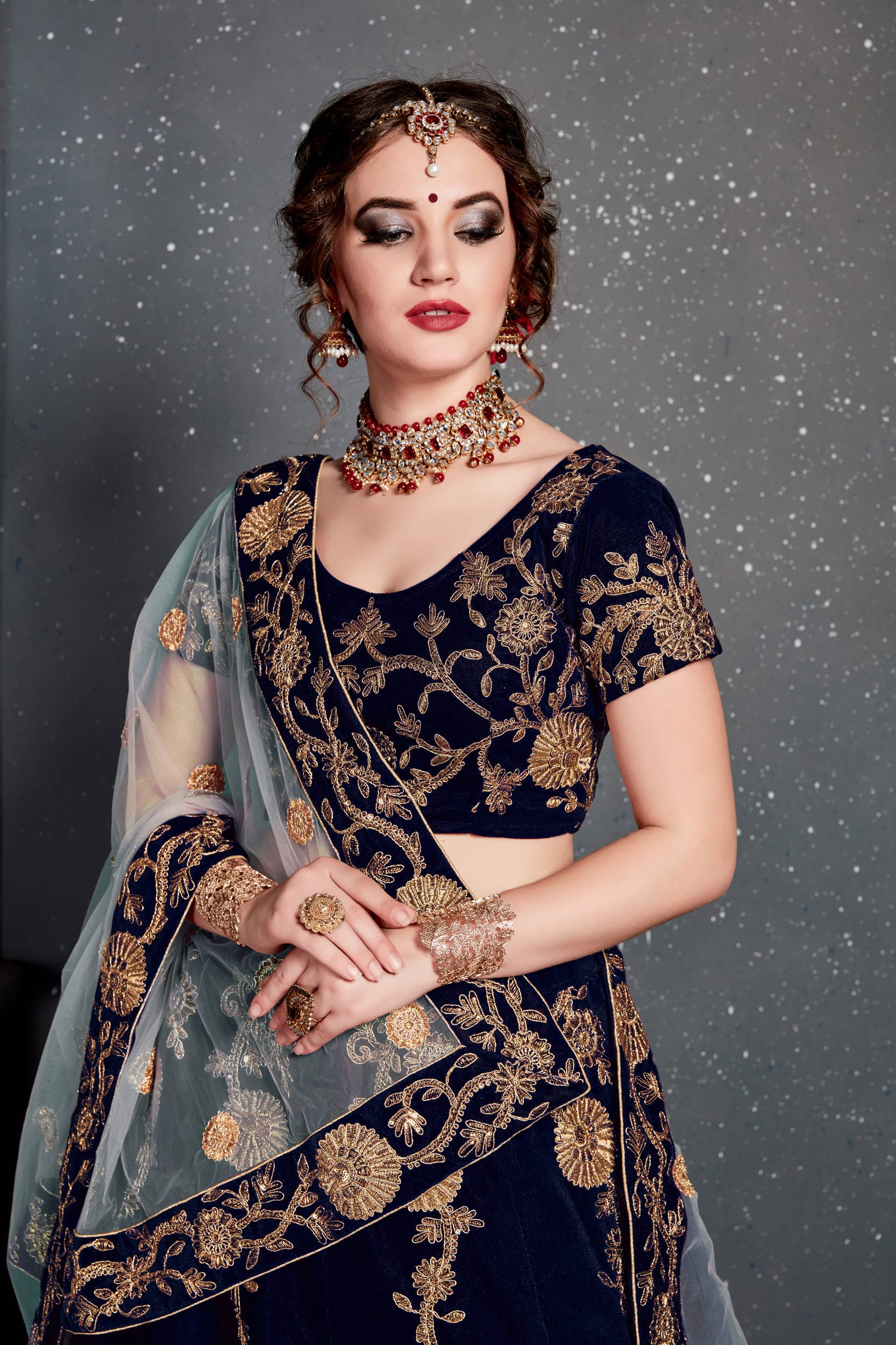 Navy Blue Embroidered Velvet Bridal Lehenga Choli with Dupatta