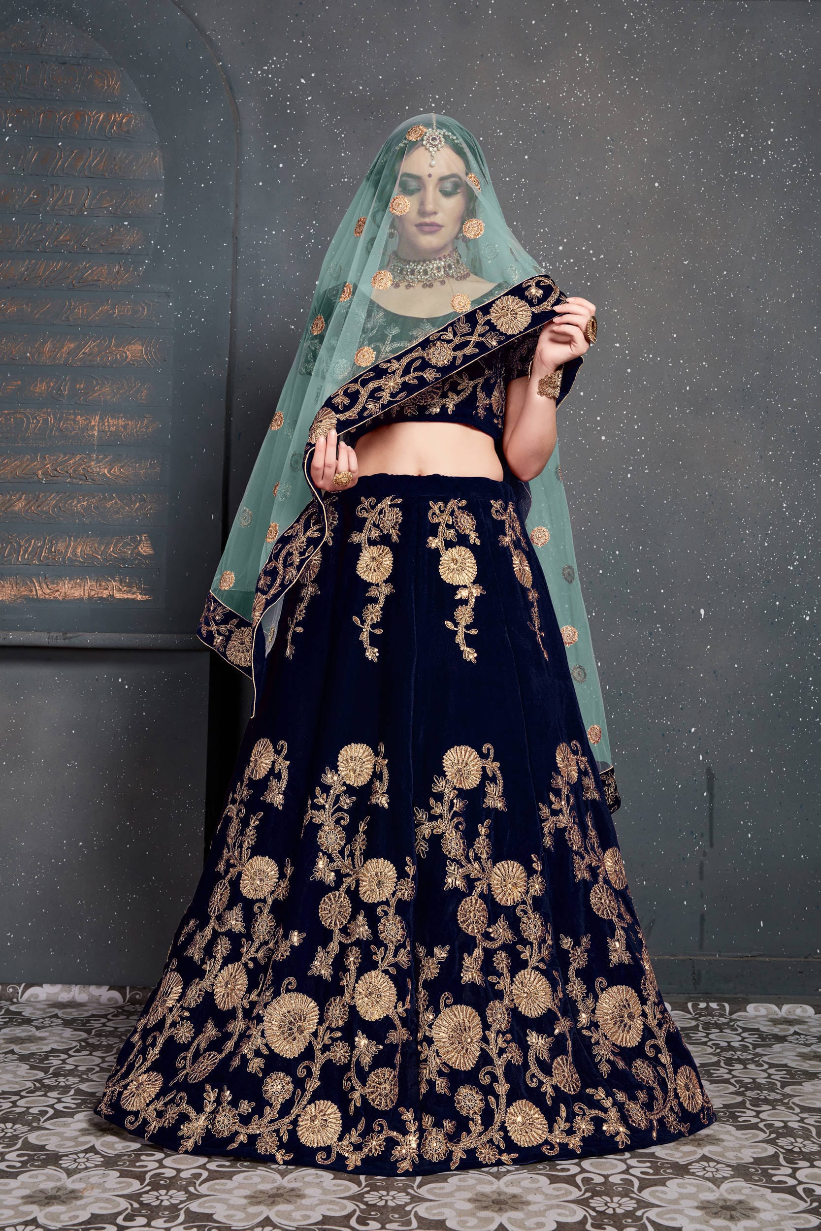 Navy Blue Embroidered Velvet Bridal Lehenga Choli with Dupatta