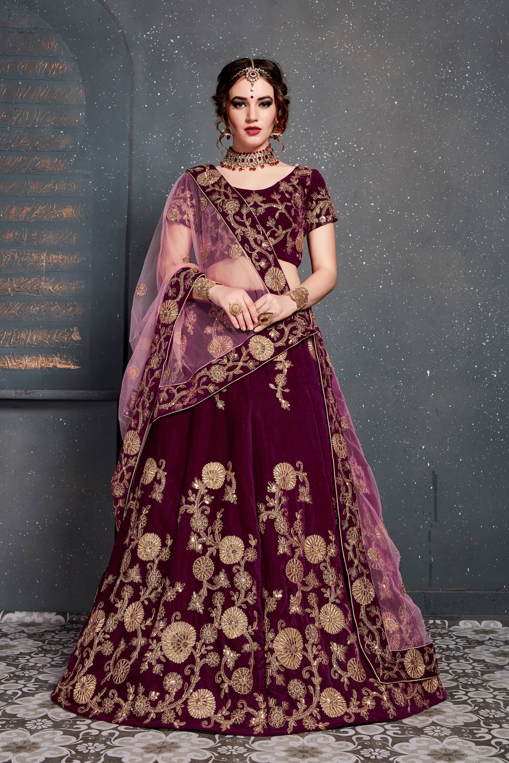 Purple Embroidered Velvet Wedding Lehenga Choli for Ladies
