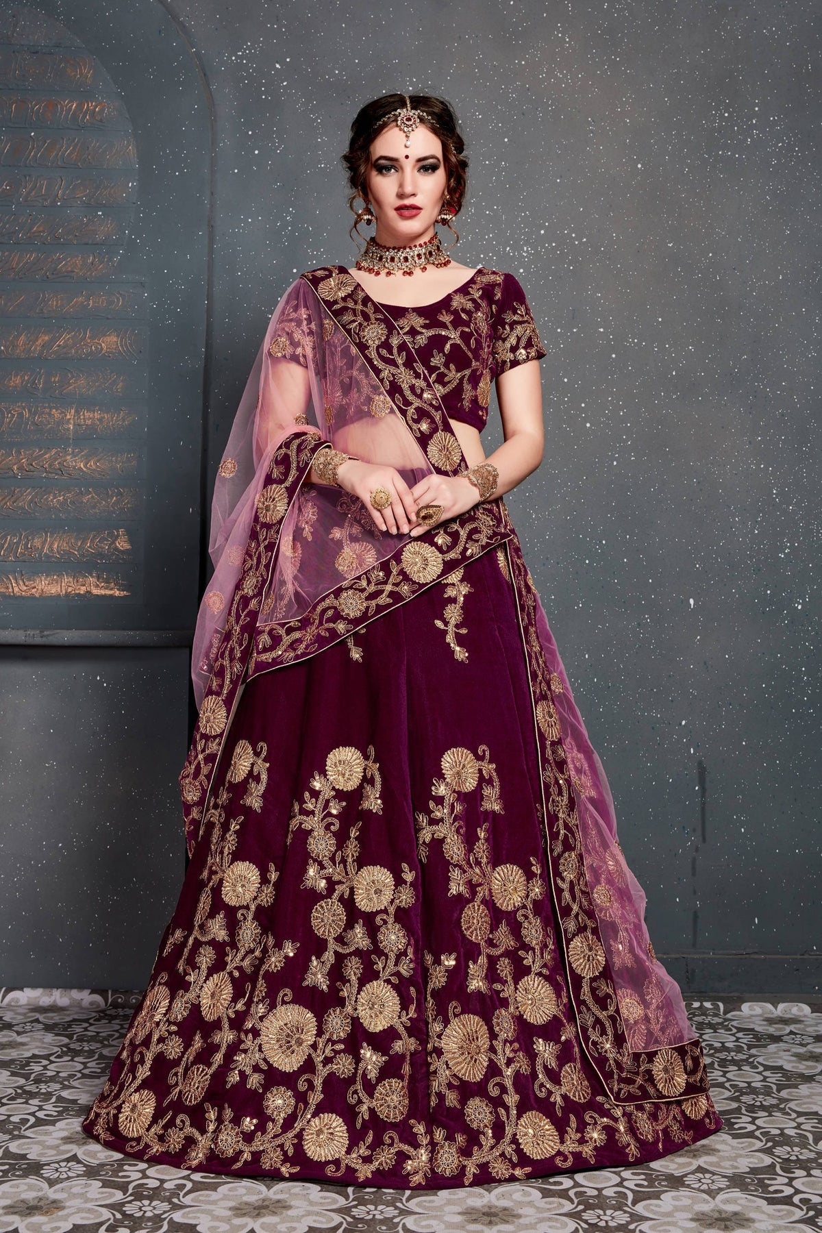 Purple Embroidered Velvet Wedding Lehenga Choli for Ladies