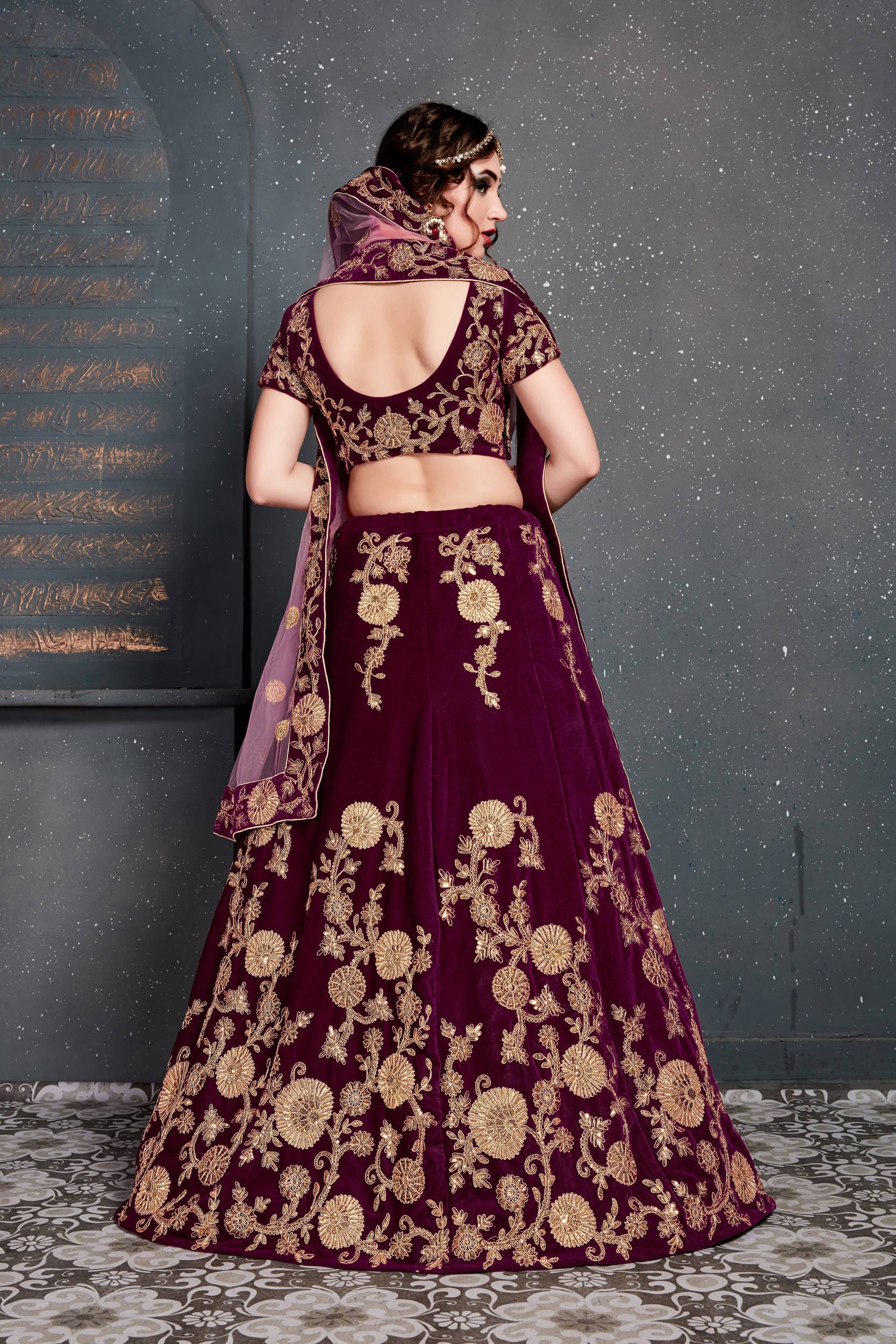 Purple Embroidered Velvet Wedding Lehenga Choli for Ladies