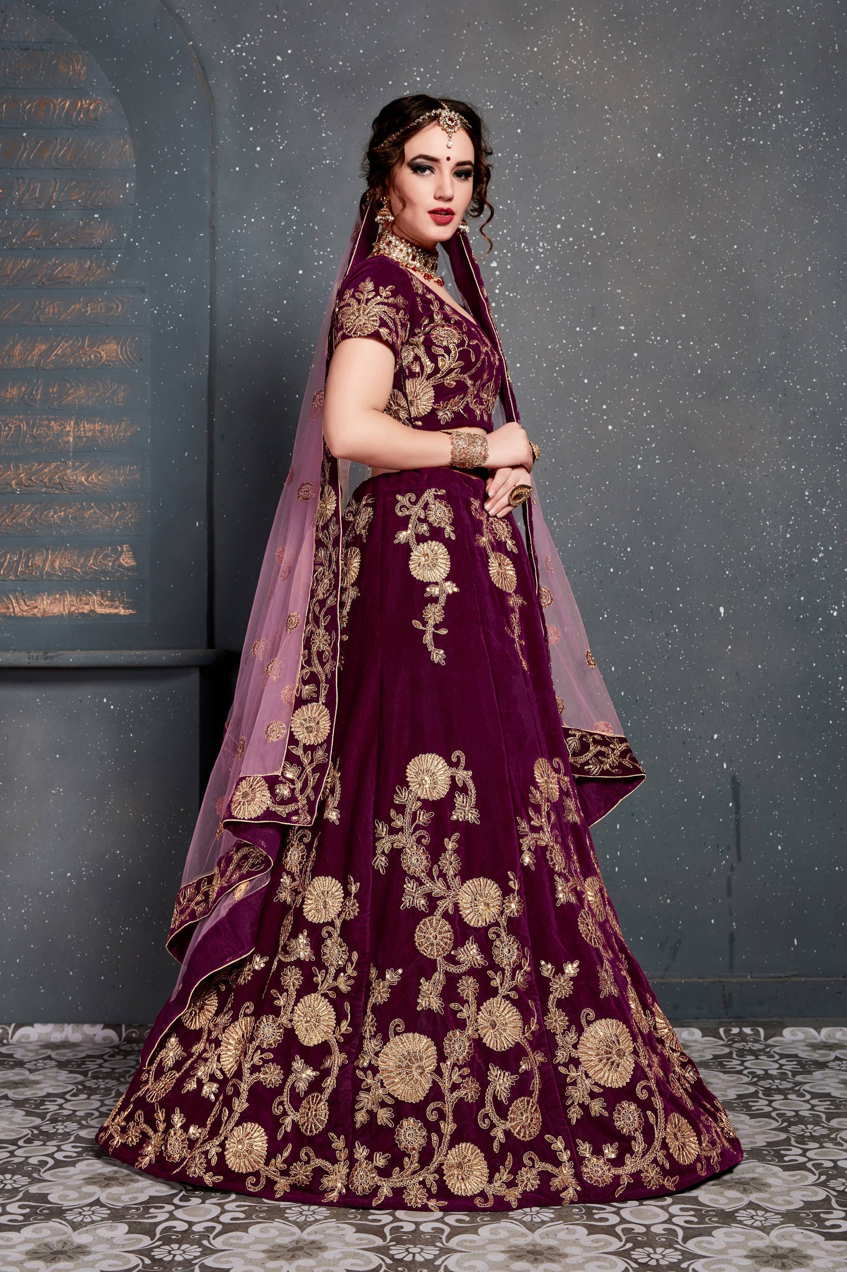 Purple Embroidered Velvet Wedding Lehenga Choli for Ladies