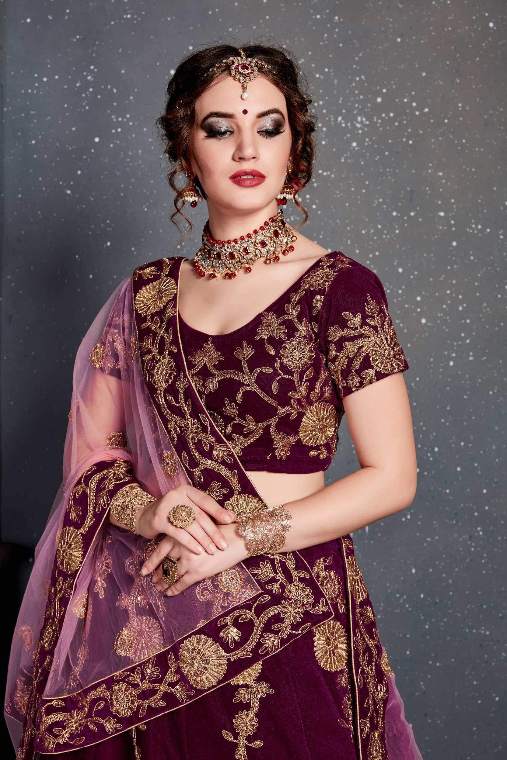 Purple Embroidered Velvet Wedding Lehenga Choli for Ladies