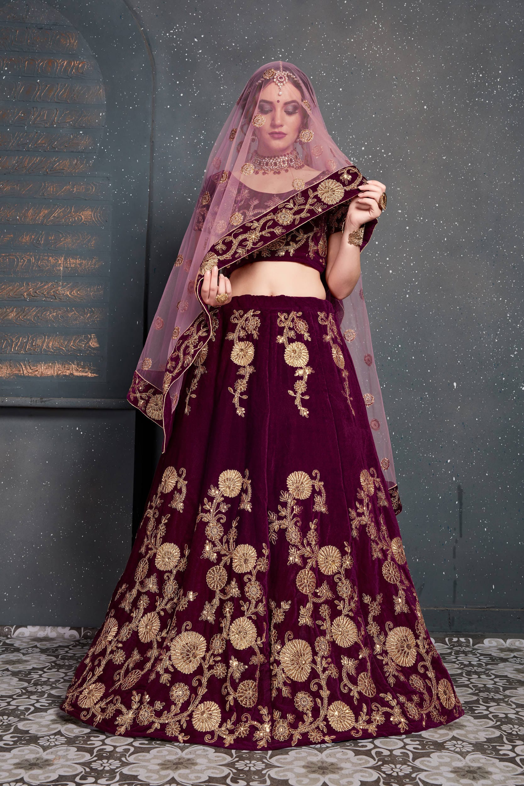 Purple Embroidered Velvet Wedding Lehenga Choli for Ladies