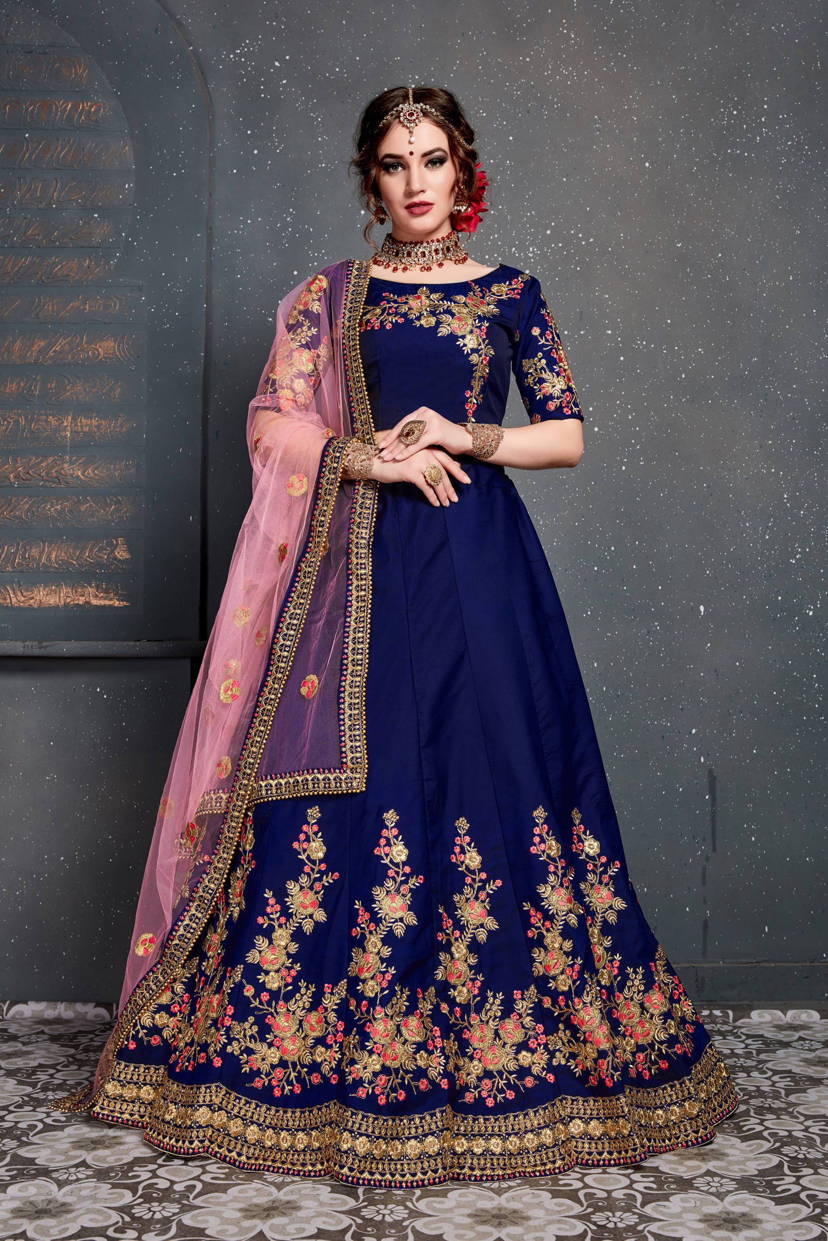 Navy Blue Embroidered Taffeta Silk Bridal Lehenga Choli with Dupatta