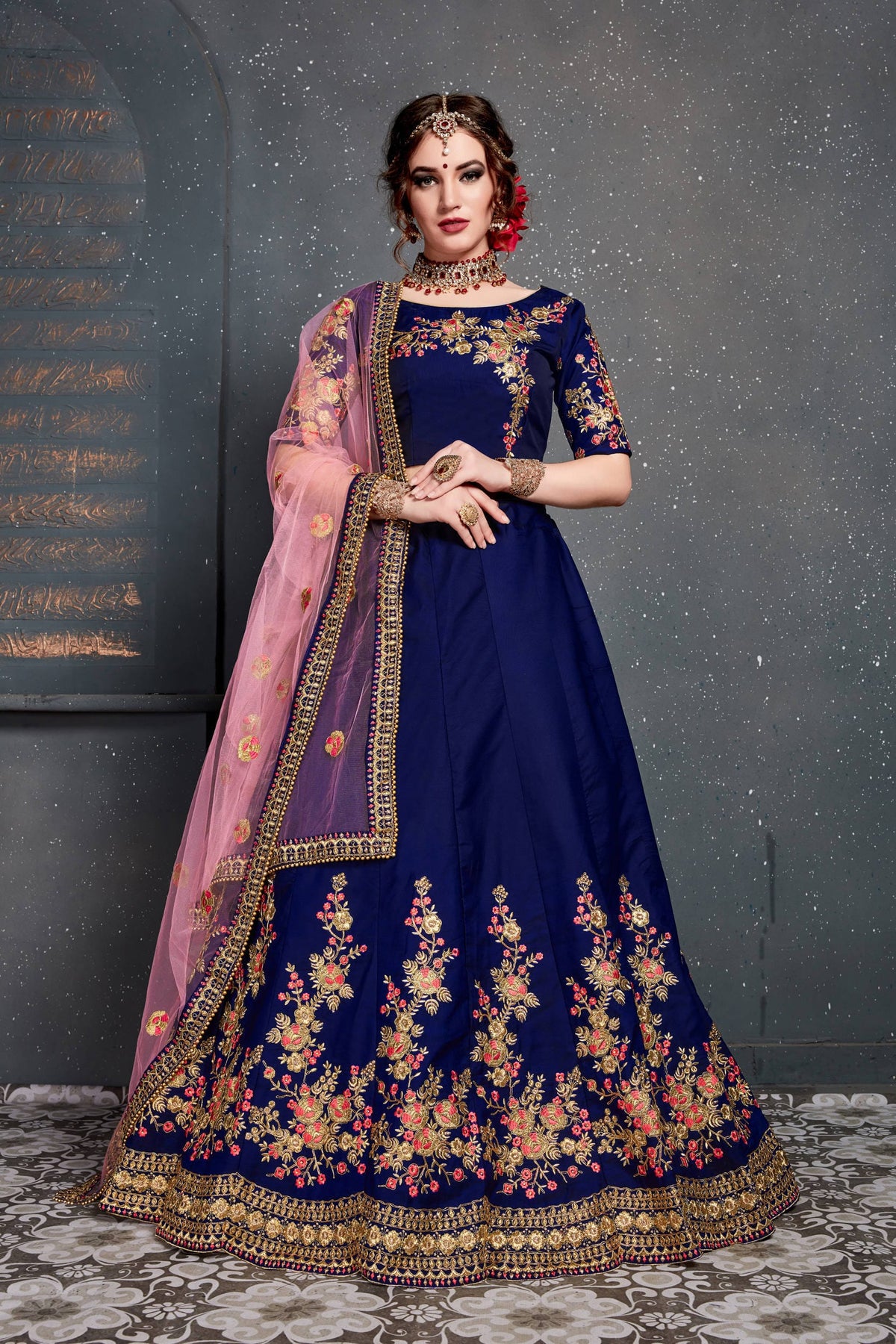 Navy Blue Embroidered Taffeta Silk Bridal Lehenga Choli with Dupatta