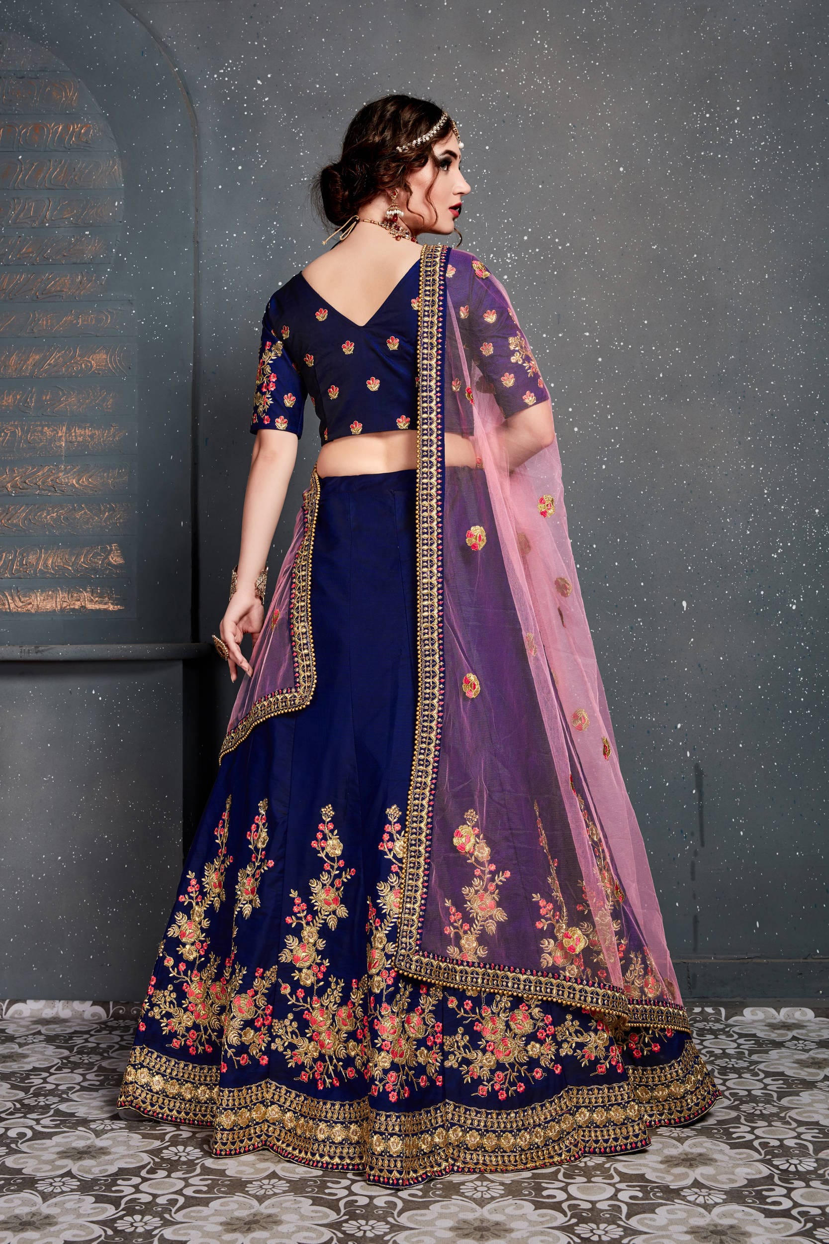 Navy Blue Embroidered Taffeta Silk Bridal Lehenga Choli with Dupatta