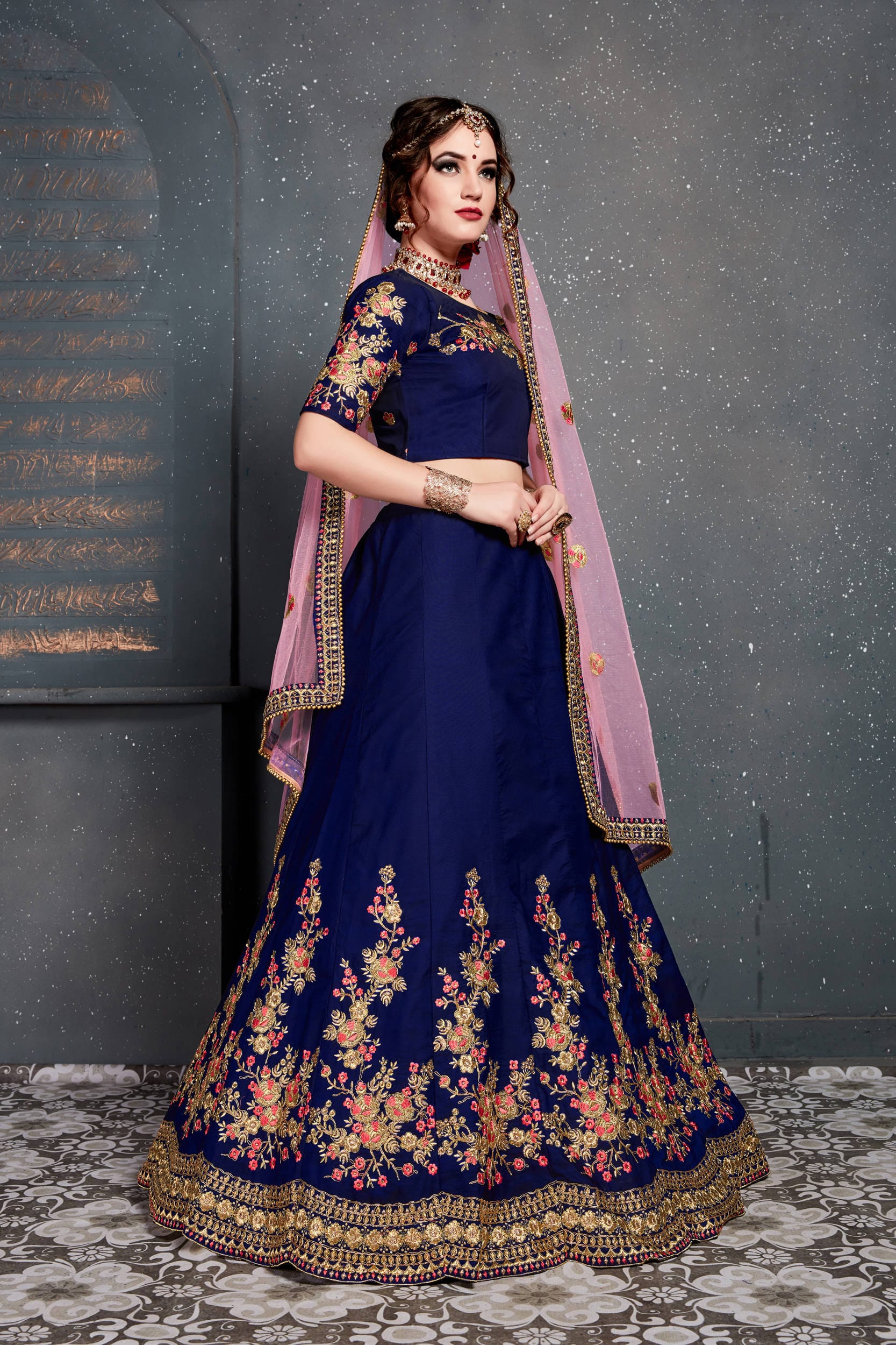 Navy Blue Embroidered Taffeta Silk Bridal Lehenga Choli with Dupatta