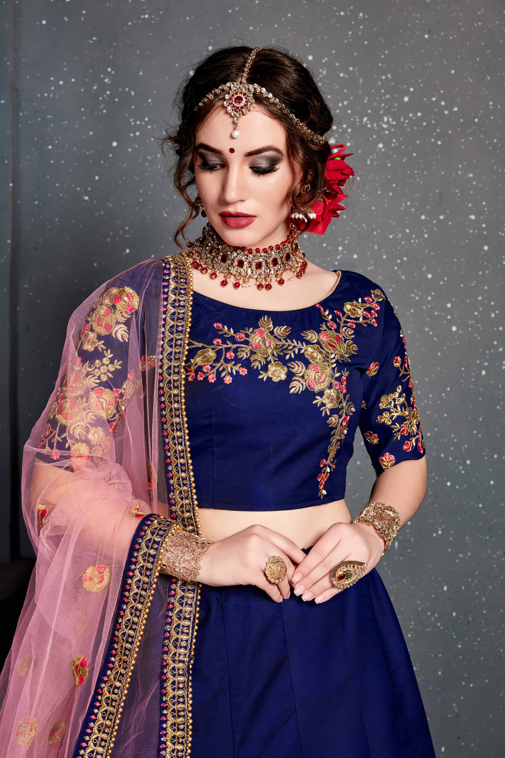 Navy Blue Embroidered Taffeta Silk Bridal Lehenga Choli with Dupatta