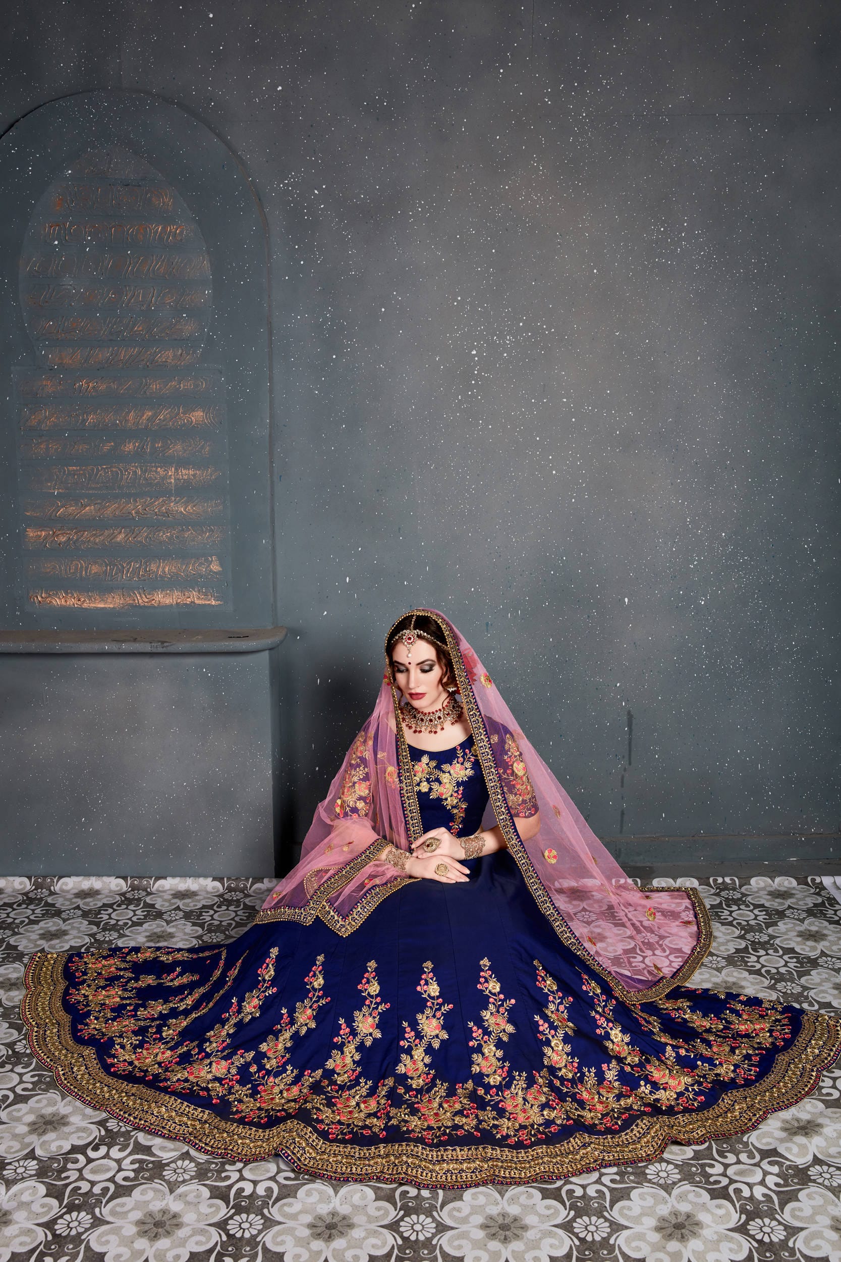 Navy Blue Embroidered Taffeta Silk Bridal Lehenga Choli with Dupatta