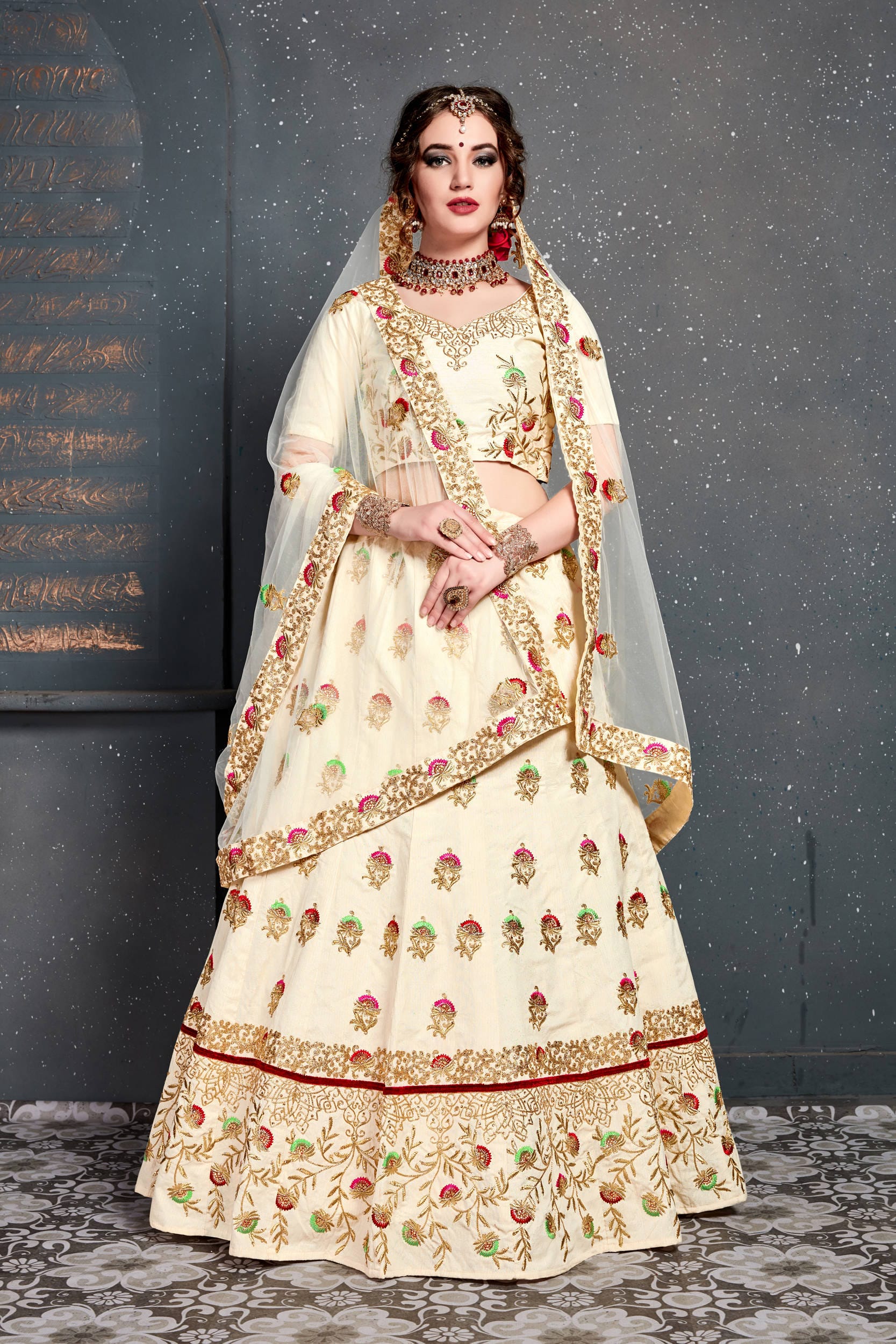 Cream Embroidered Silk Bridal Lehenga Choli for Women