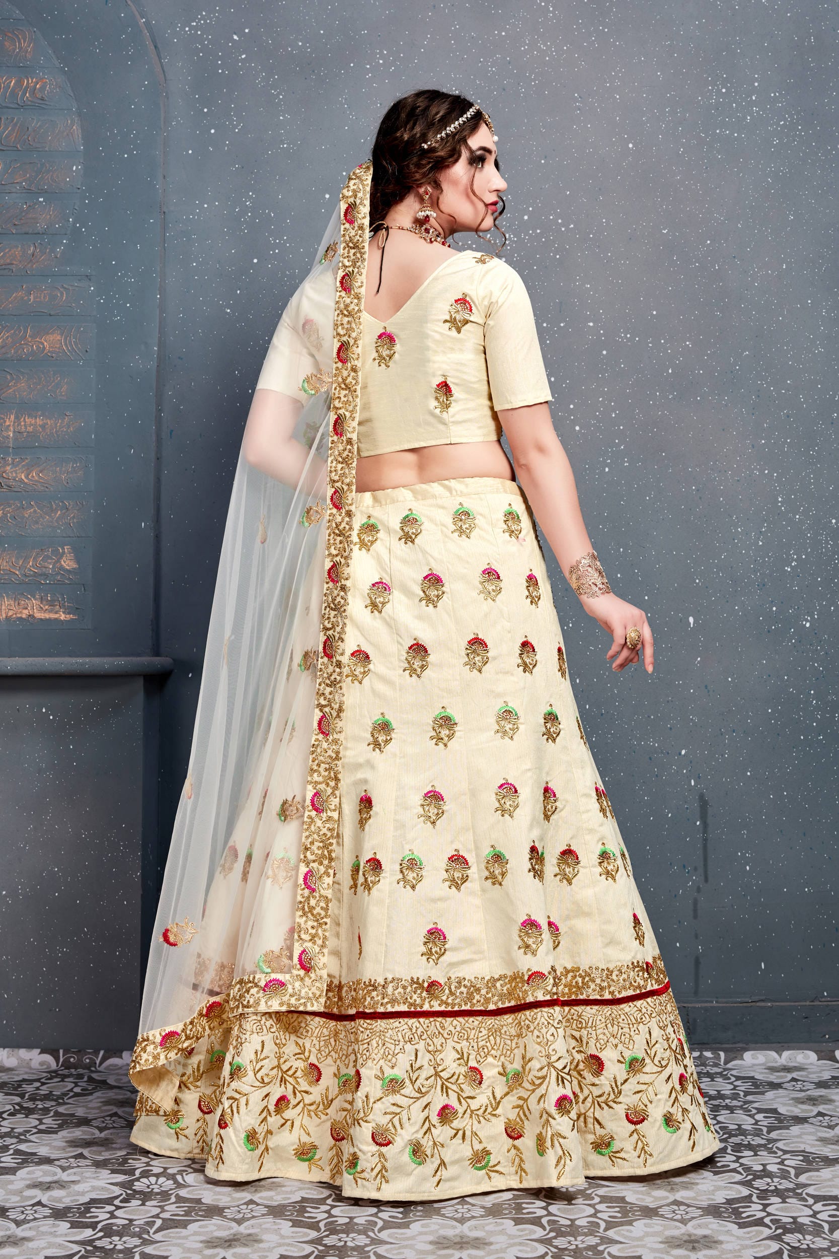 Cream Embroidered Silk Bridal Lehenga Choli for Women