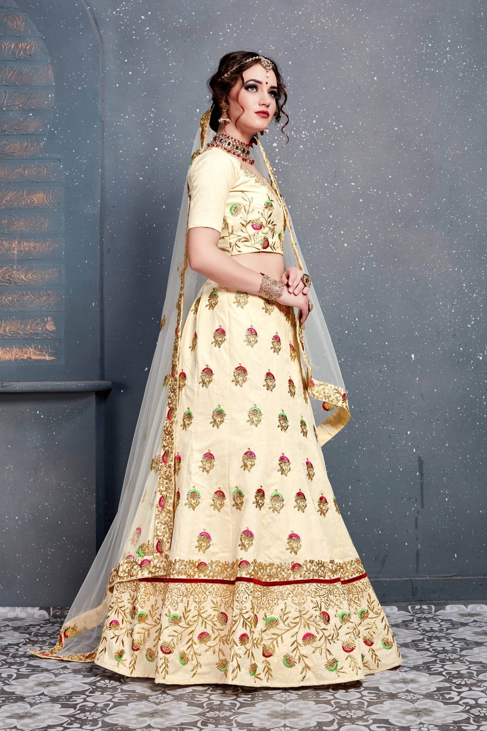 Cream Embroidered Silk Bridal Lehenga Choli for Women