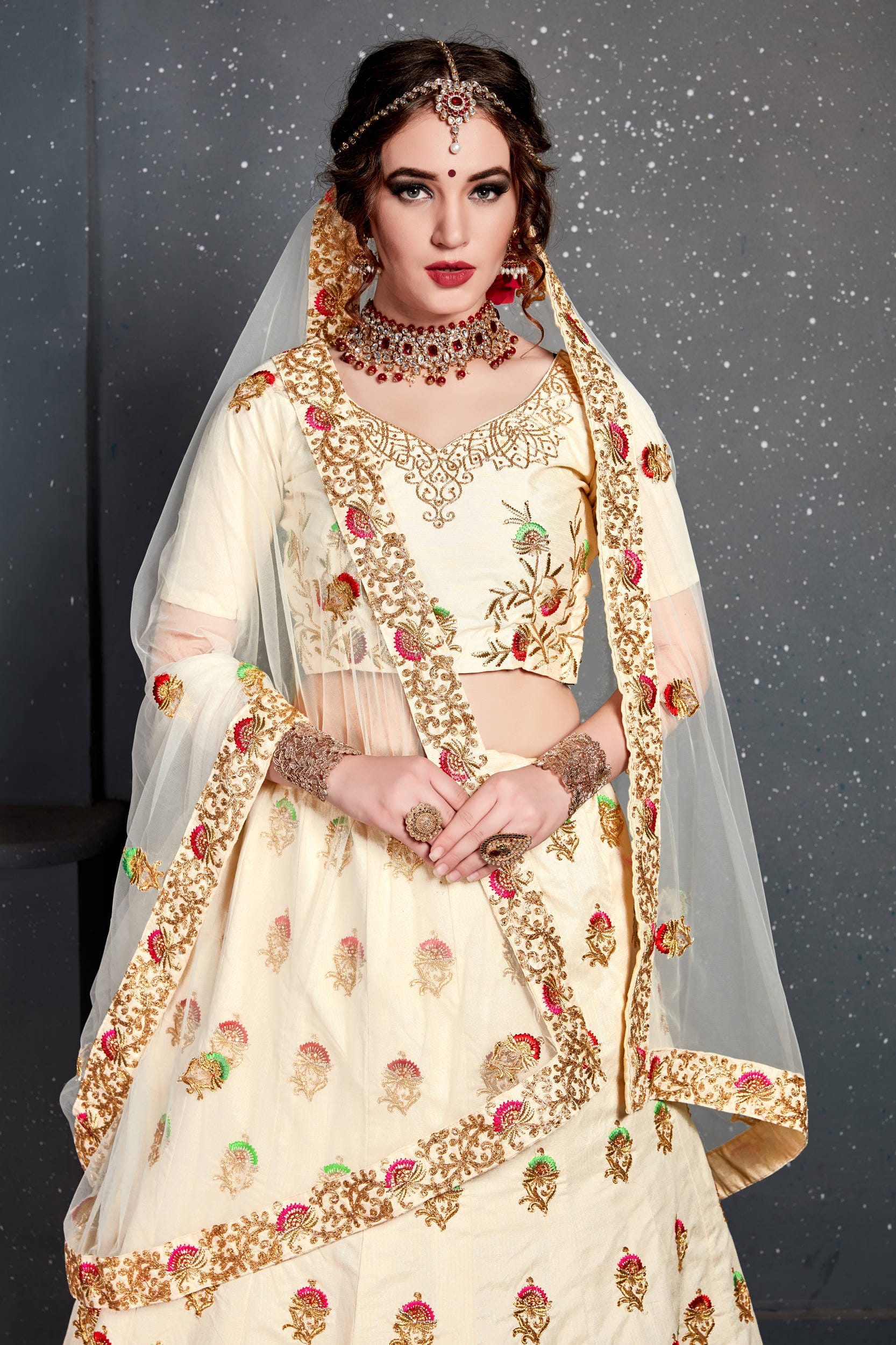 Cream Embroidered Silk Bridal Lehenga Choli for Women
