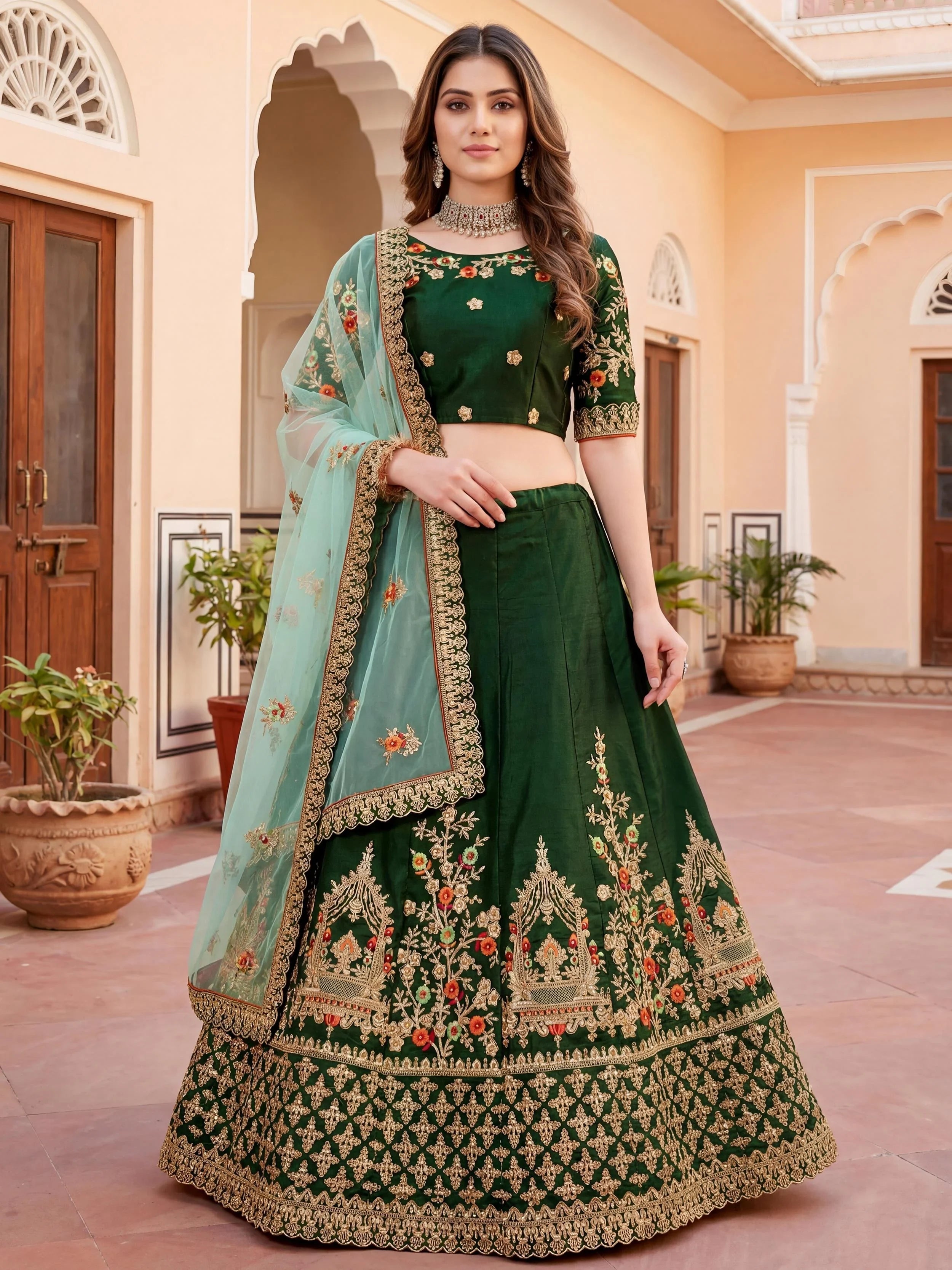 Green Thread Embroidered Silk Wedding Lehenga Choli for Women