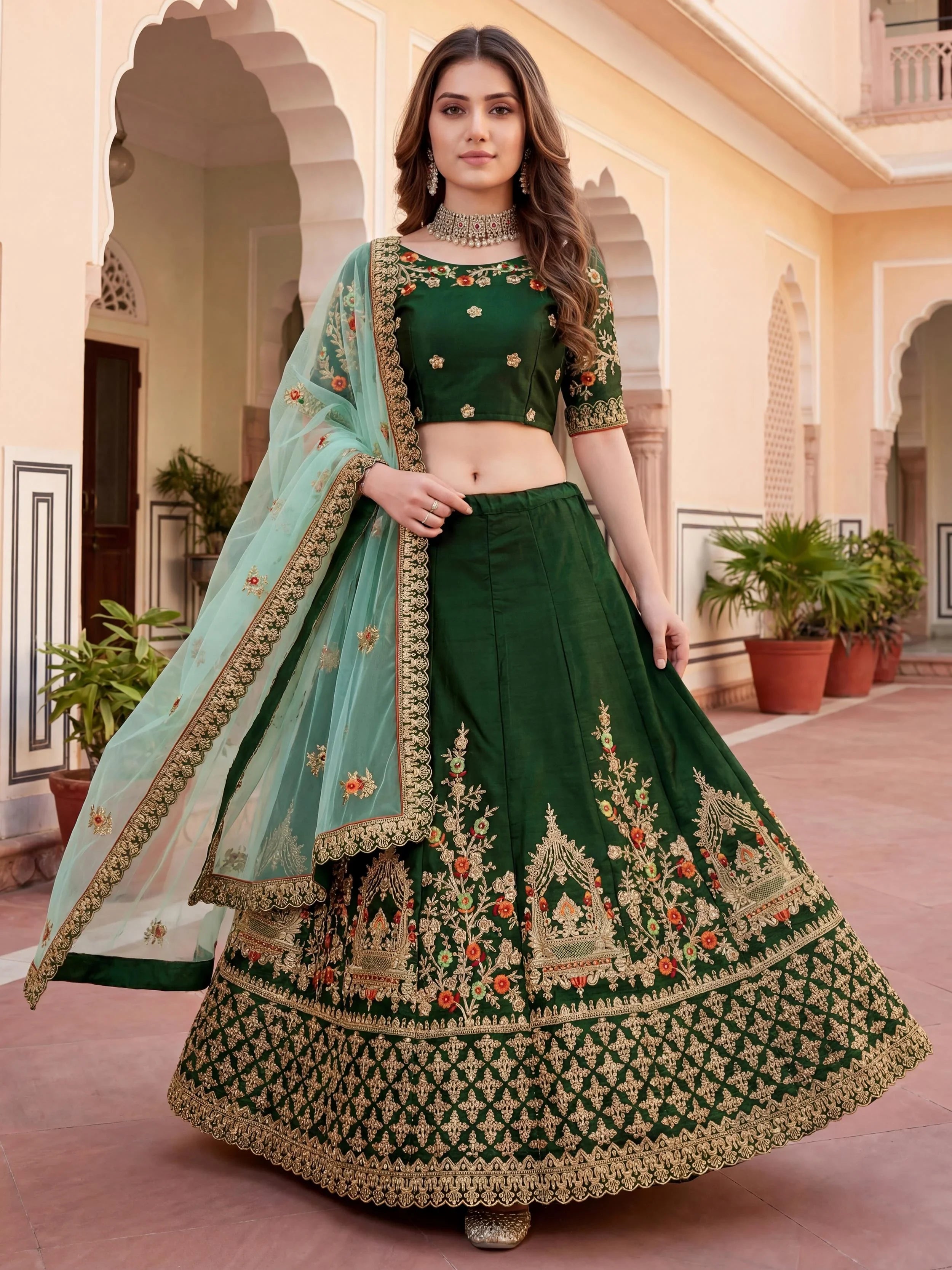 Green Thread Embroidered Silk Wedding Lehenga Choli for Women