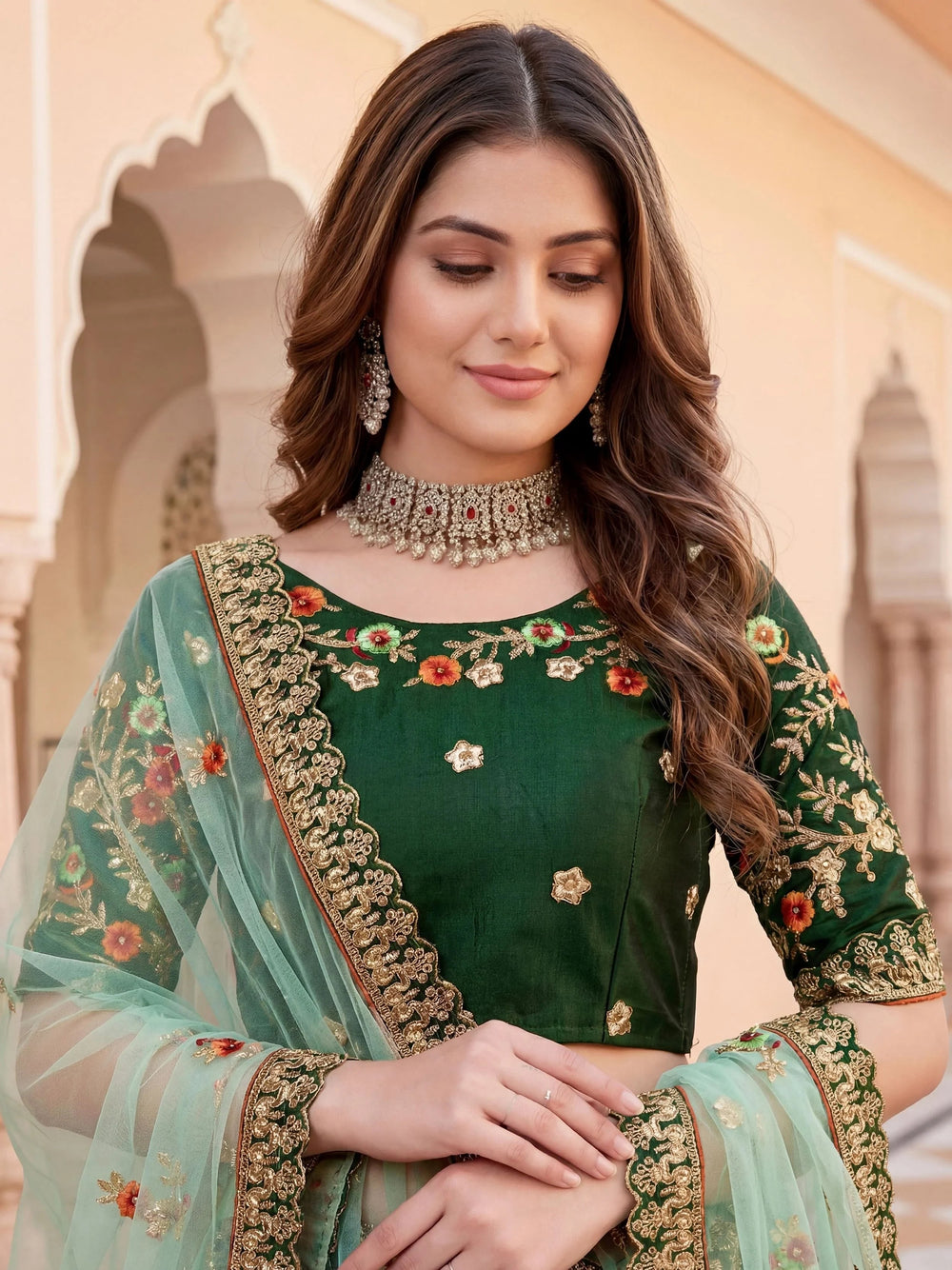 Green Thread Embroidered Silk Wedding Lehenga Choli for Women