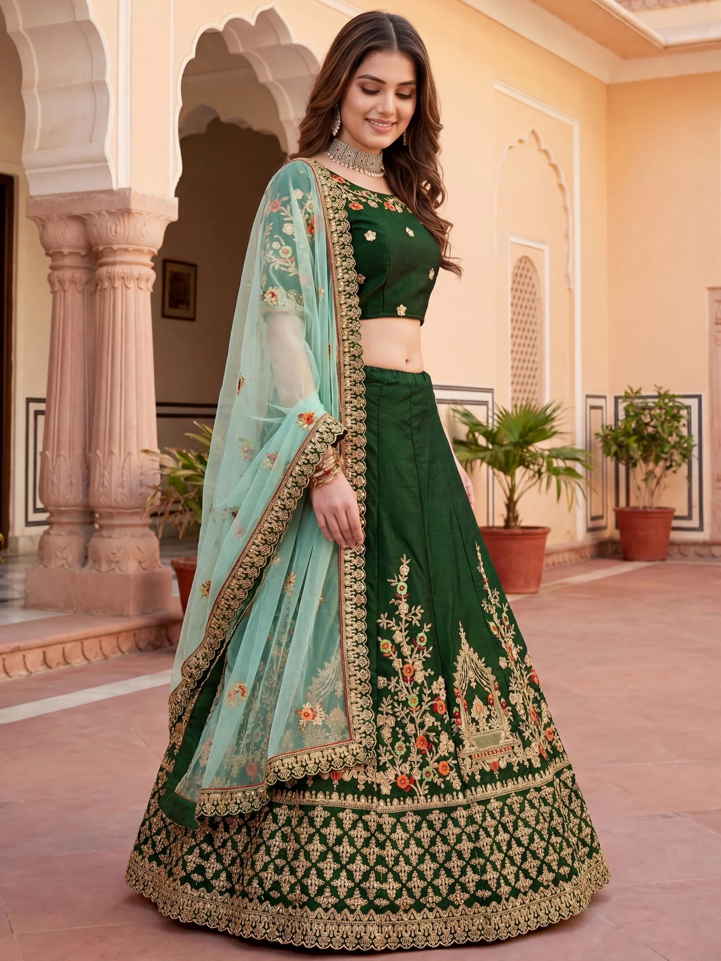 Green Thread Embroidered Silk Wedding Lehenga Choli for Women