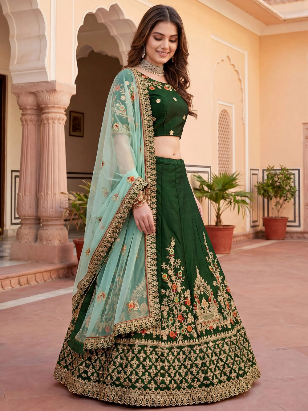 Green Thread Embroidered Silk Wedding Lehenga Choli for Women